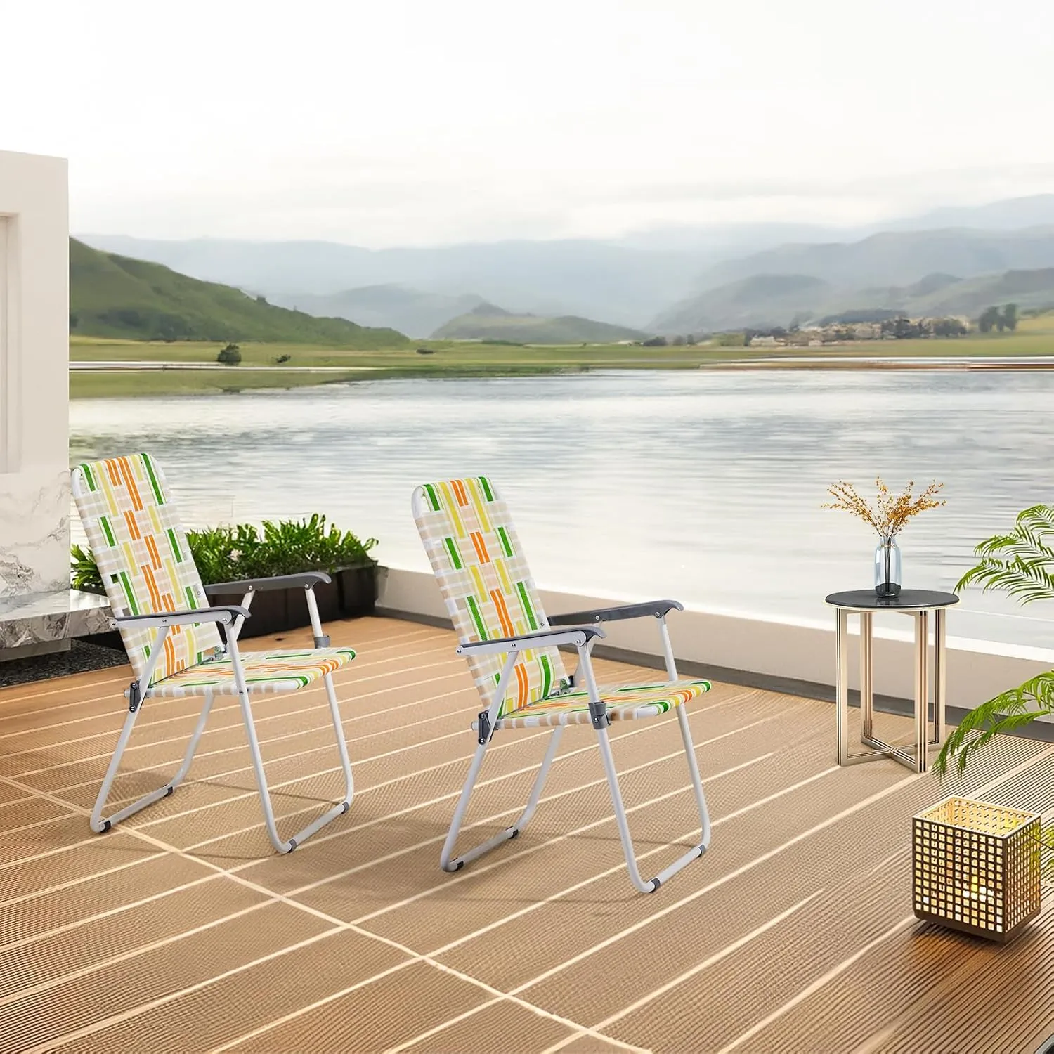 Bonnlo Foldable Patio Chair Set of 2, Heavy-Duty Steel Frame Supports 265 lbs/120 kg, Ultra-Lightweight Portable for Travel Poolside Camping Beach (Green and Yellow Crisscross Weave)