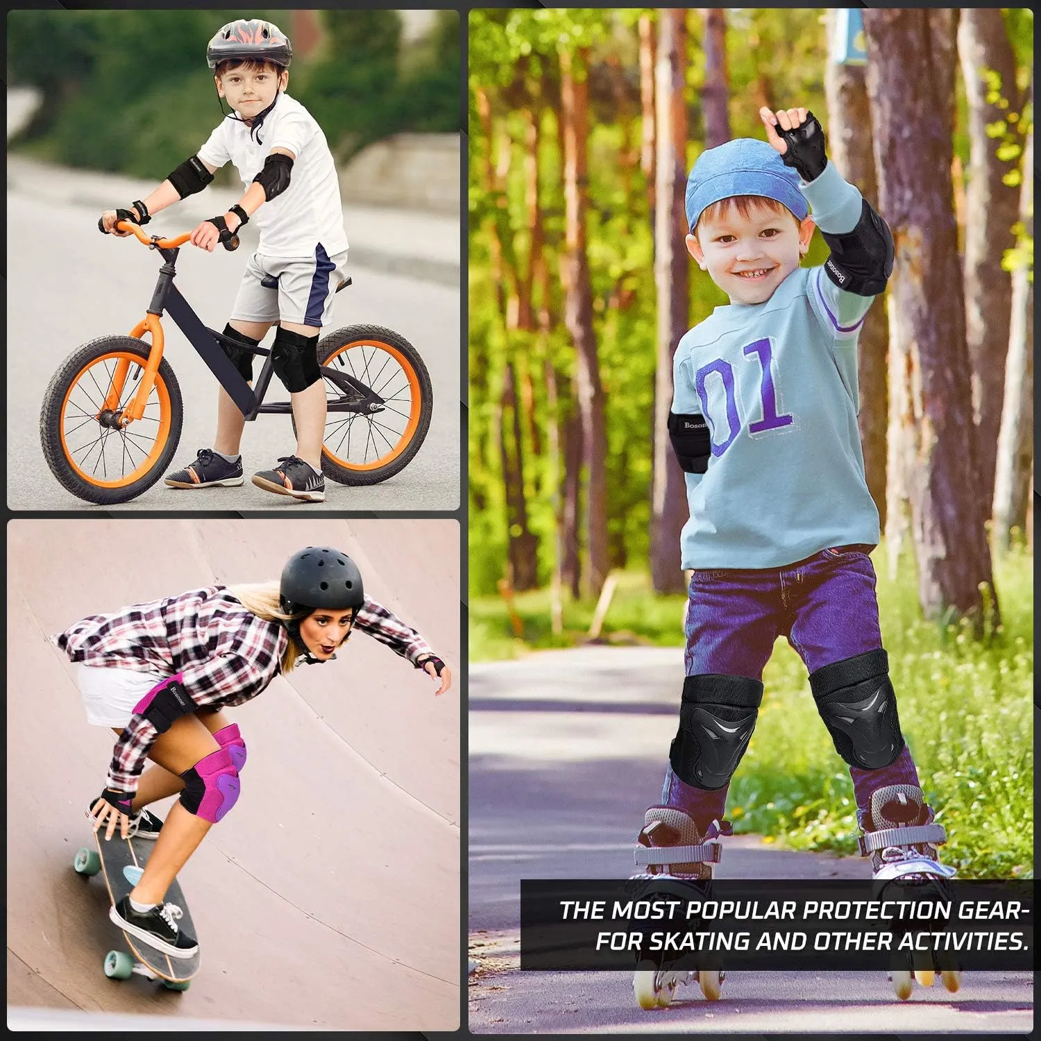 BOSONER Adult/Child Knee Pad Elbow Pads Guards Protective Gear Set for Roller Skates Cycling BMX Bike Skateboard Inline Skatings Scooter Riding Sports