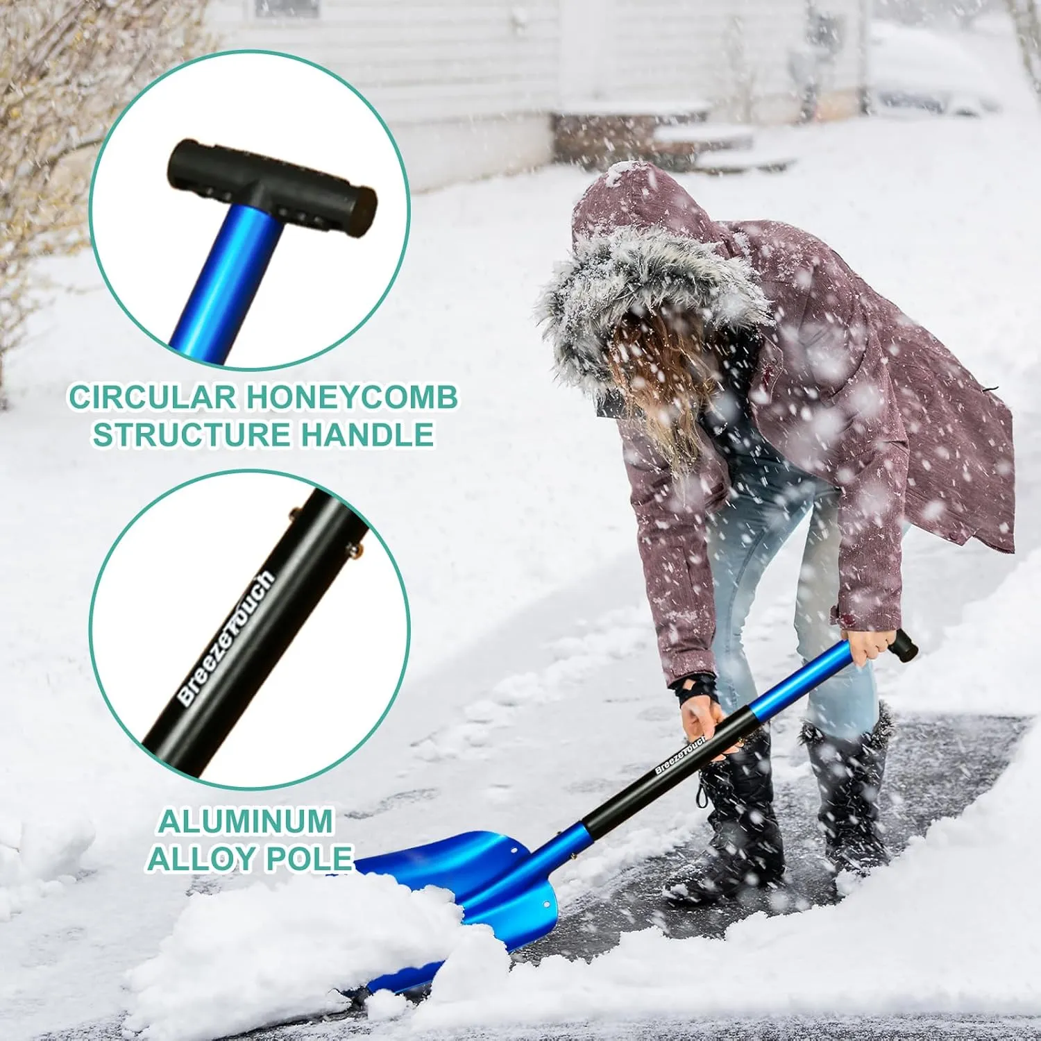 Breeze Touch Metal Snow Shovel for Driveway Aluminum, 32in Portable & Detachable Shovel Snow Removal with Bag Lightweight, 3 Sections Collapsible Snow Shovel for Car Truck Travel Garden Camp Emergency