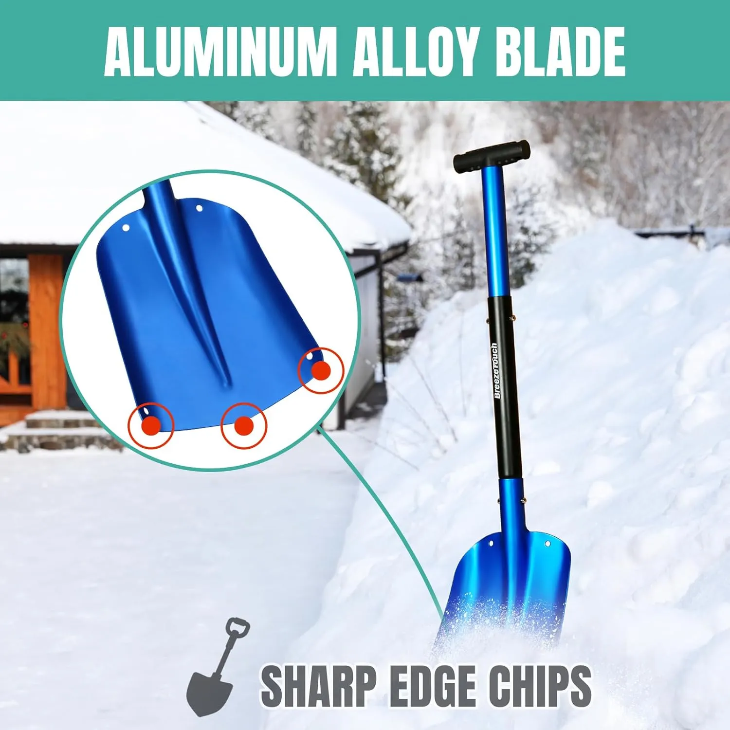 Breeze Touch Metal Snow Shovel for Driveway Aluminum, 32in Portable & Detachable Shovel Snow Removal with Bag Lightweight, 3 Sections Collapsible Snow Shovel for Car Truck Travel Garden Camp Emergency