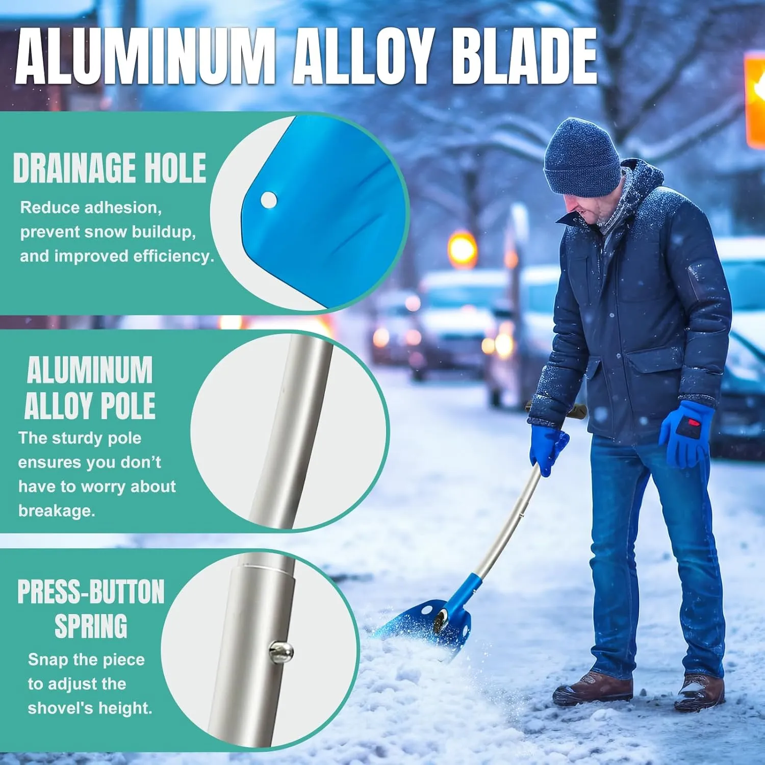 Breeze Touch Metal Snow Shovel for Driveway Aluminum, Portable & Detachable Shovel Snow Removal Lightweight, 5 Modes 3 Sections Collapsible Snow Shovel for Car Truck Travel Garden Camping Emergency