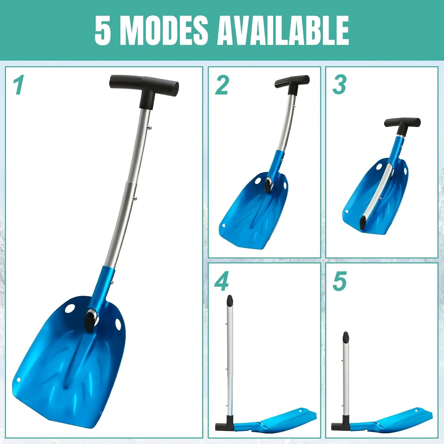 Breeze Touch Metal Snow Shovel for Driveway Aluminum, Portable & Detachable Shovel Snow Removal Lightweight, 5 Modes 3 Sections Collapsible Snow Shovel for Car Truck Travel Garden Camping Emergency