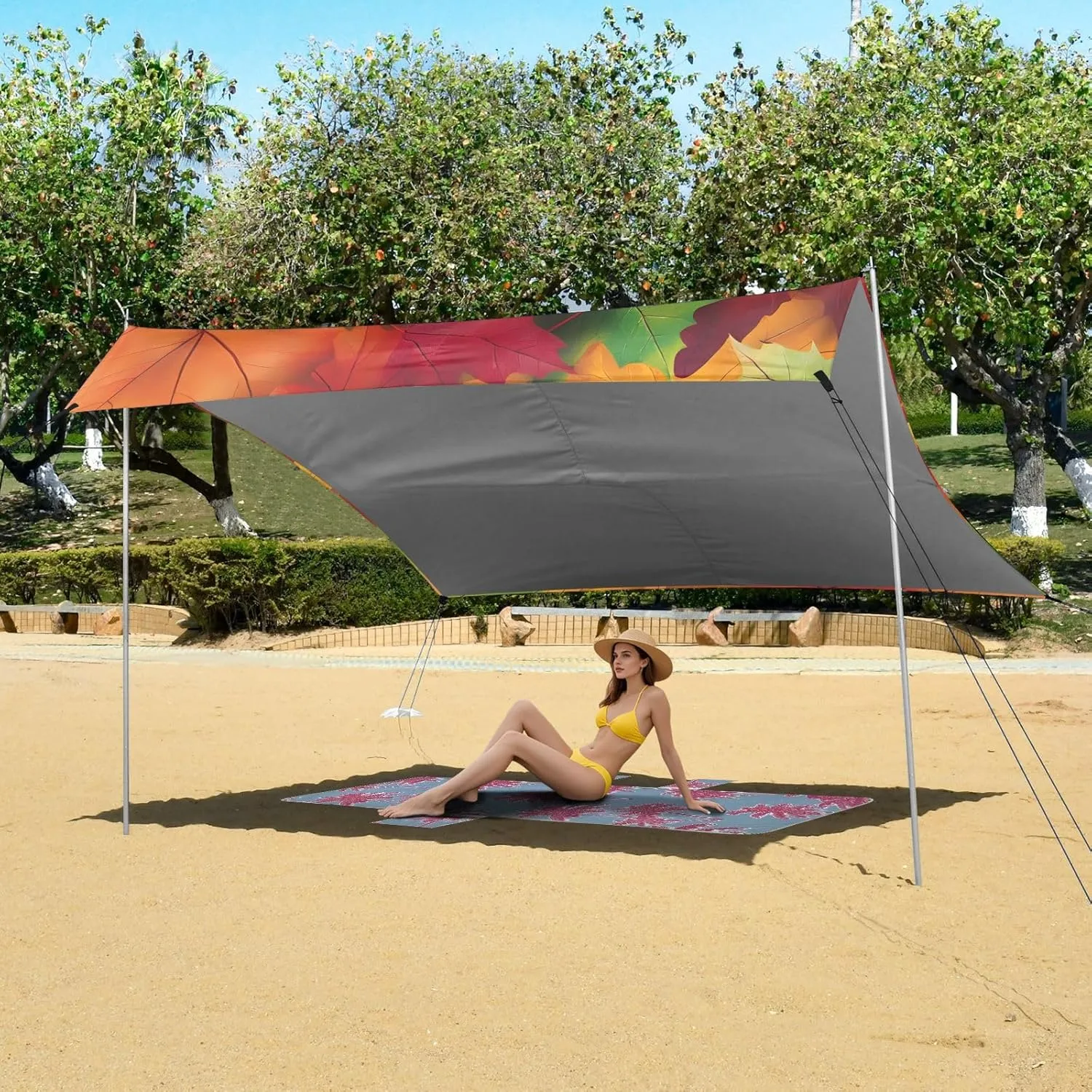 Bright Vibrant Maple Leaves Beach Tent Canopy Outdoor Sun Shade Patio Funny Portable Camping Shelter 9.2 × 10.5 FT Canopies with Sand Bags Poles