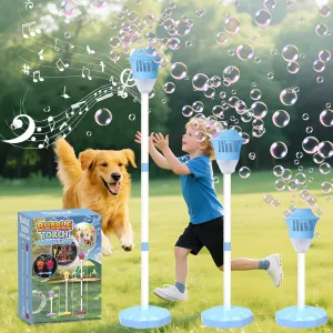 Bubble Machine for Kids, Automatic Standing Bubble Maker Machine Height Adjustable Up to 47 Inches Outdoor Battery Bubble Machine with Light/Music for Toddlers Birthday Party Gifts（Blue）