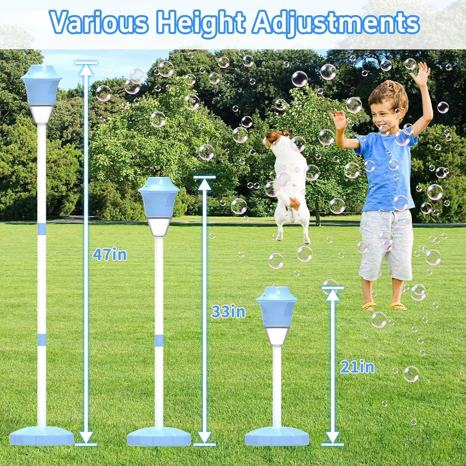 Bubble Machine for Kids, Automatic Standing Bubble Maker Machine Height Adjustable Up to 47 Inches Outdoor Battery Bubble Machine with Light/Music for Toddlers Birthday Party Gifts（Blue）