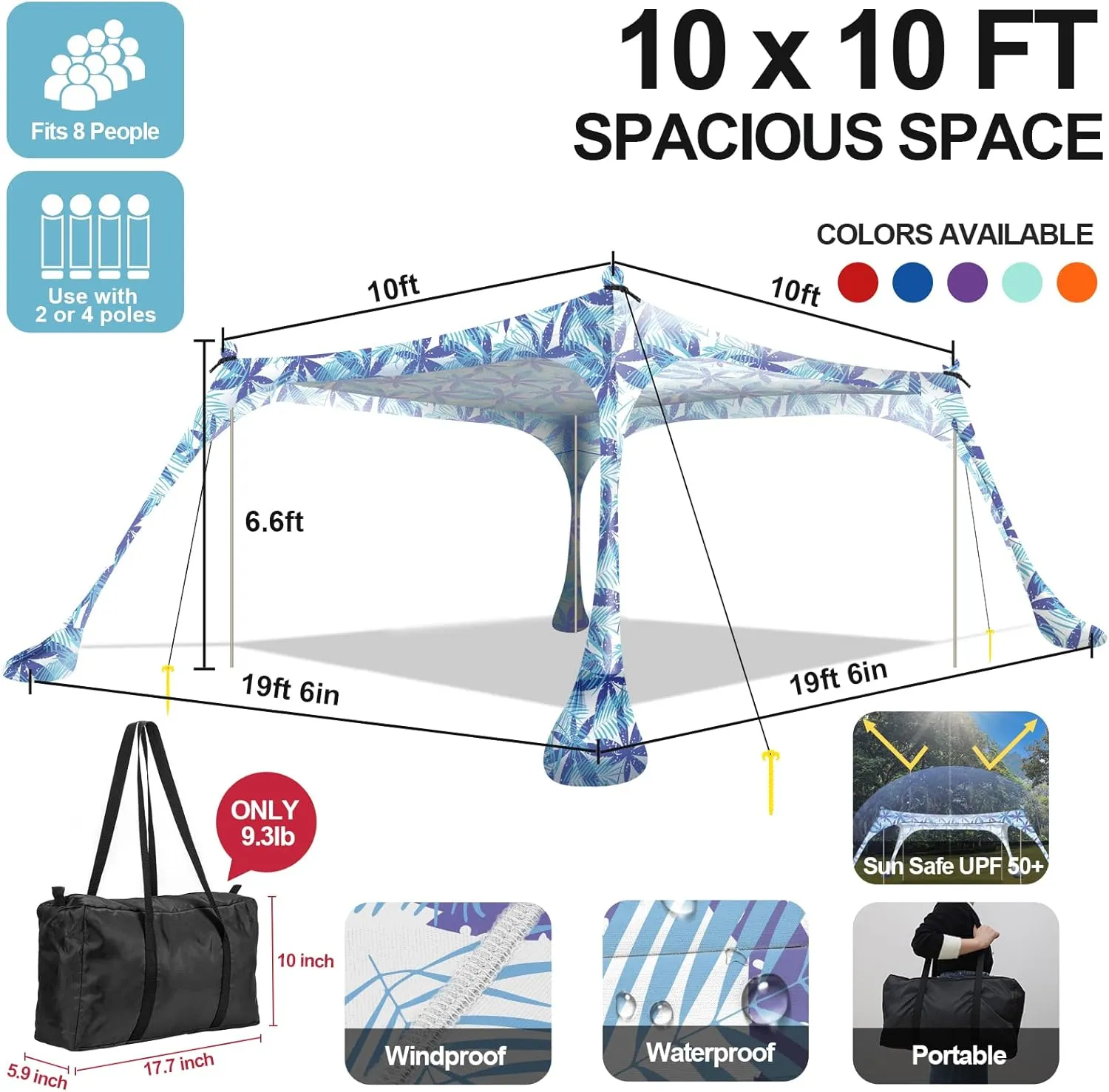 Buheco Beach Tent Pop Up Shade 10x10ft Beach Canopy Sun Shelter UPF50  with 4 Foldable Poles-Portable Carrying Bag-Sand Shovel-Ground Pegs-Windproof Ropes for Outdoor Family Camping-Fishing- Picnic