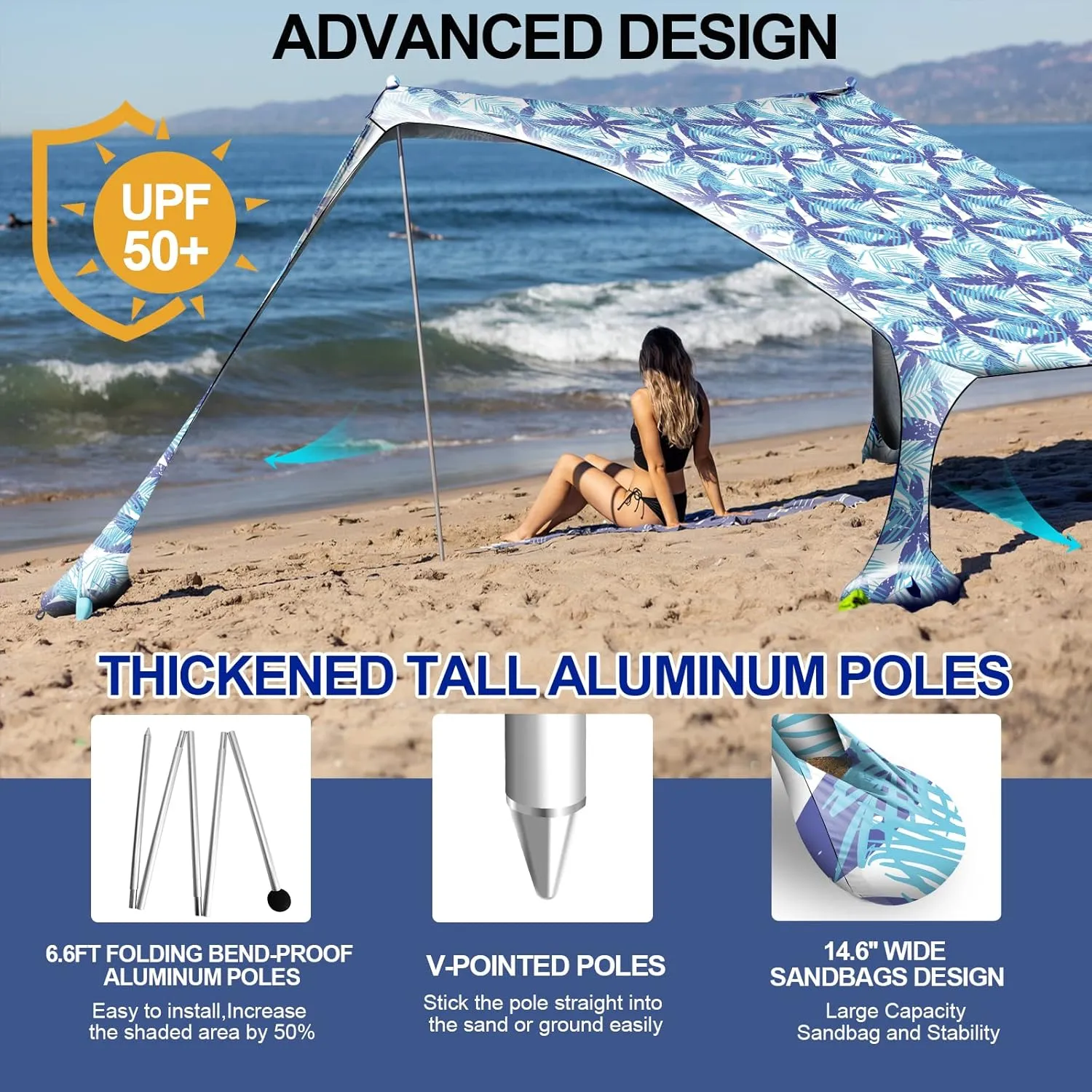 Buheco Beach Tent Pop Up Shade 10x10ft Beach Canopy Sun Shelter UPF50  with 4 Foldable Poles-Portable Carrying Bag-Sand Shovel-Ground Pegs-Windproof Ropes for Outdoor Family Camping-Fishing- Picnic