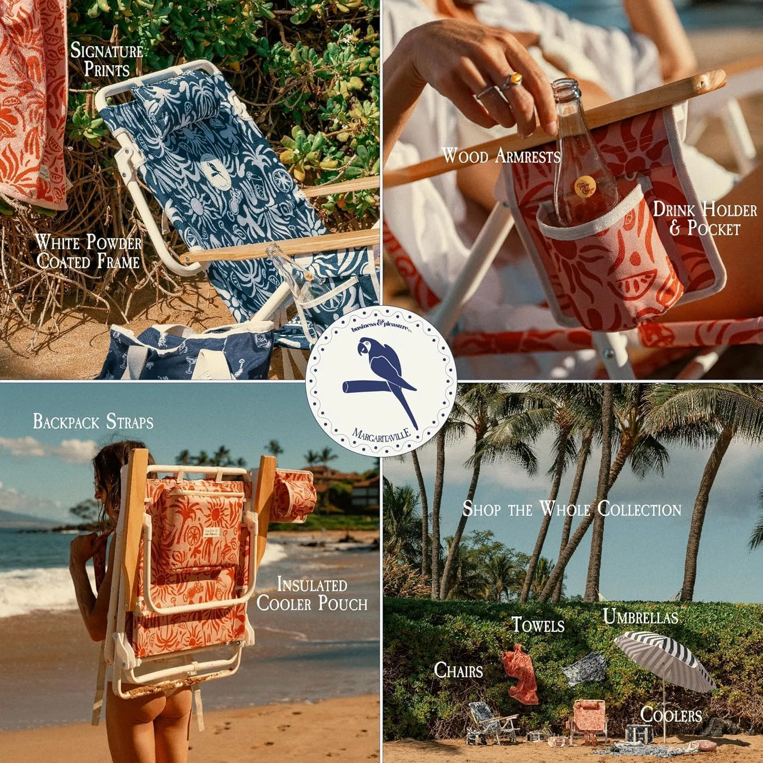 Business & Pleasure Co. Margaritaville Manana Backpack Beach Chair Lay Flat Reclining, Lightweight & Portable, Insulated Cooler Pocket, Continental Drifter Tiki