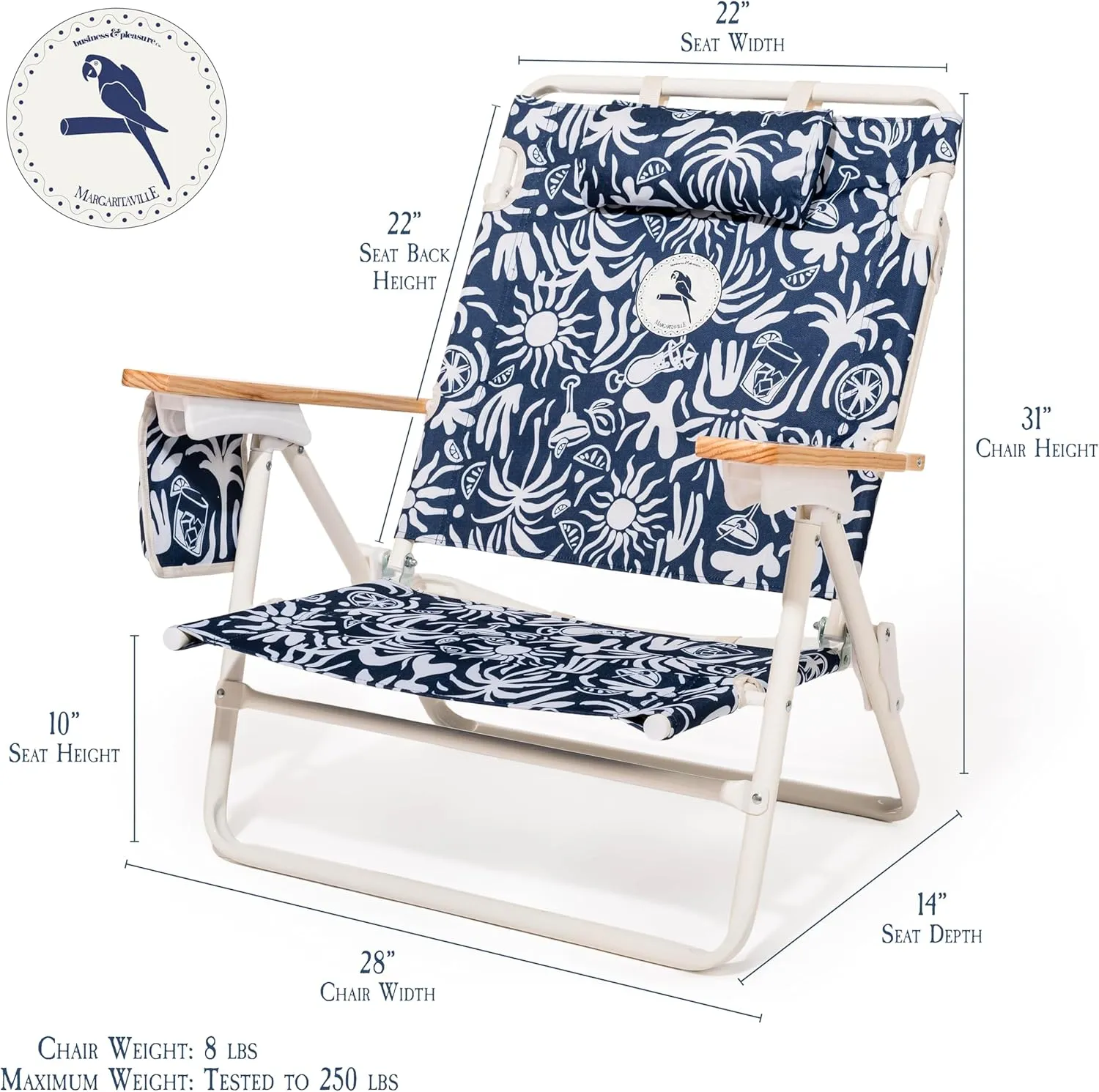 Business & Pleasure Co. Margaritaville Manana Backpack Beach Chair Lay Flat Reclining, Lightweight & Portable, Insulated Cooler Pocket, Continental Drifter Tiki