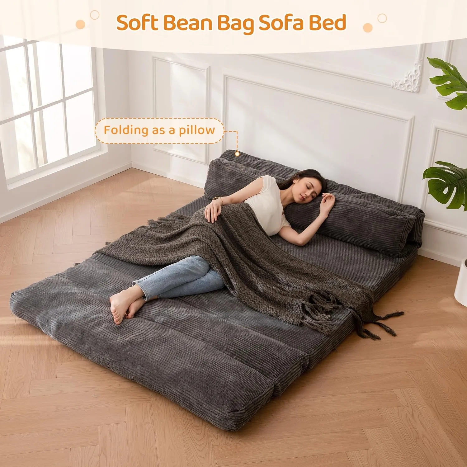 BYBYME Giant Bean Bag Chair & Bed – Foldable Bean Bag Couch for Adults with Removable Faux Fur Cover for Living Room, Bedroom