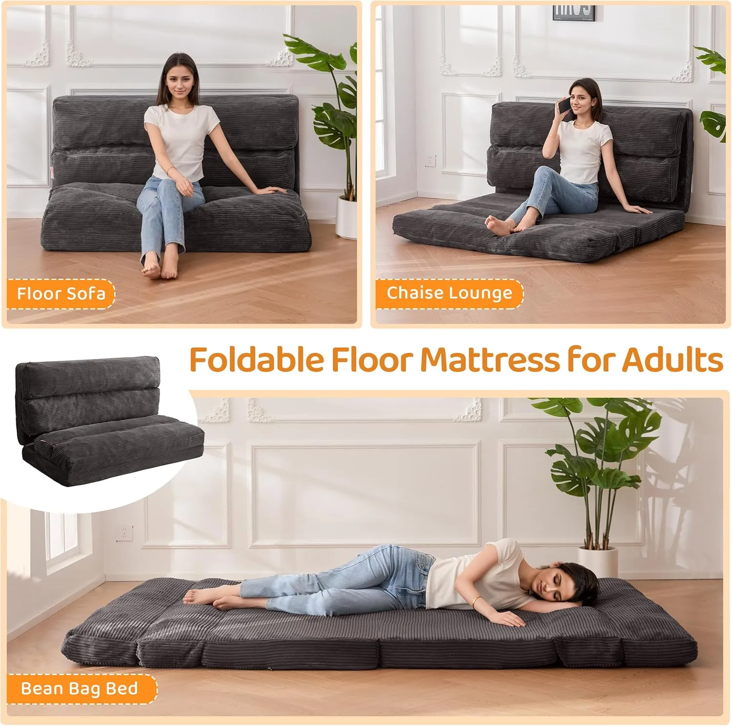 BYBYME Giant Bean Bag Chair & Bed – Foldable Bean Bag Couch for Adults with Removable Faux Fur Cover for Living Room, Bedroom