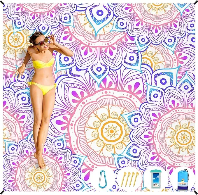 BYDOLL Beach Blanket 78''×81'' 1-4 Adults Waterproof Sandproof Oversized Lightweight Beach Blanket Large Picnic Mat Beach Blanket for Beach Travel Camping Hiking Picnic