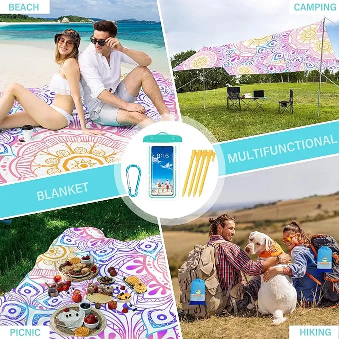 BYDOLL Beach Blanket 78''×81'' 1-4 Adults Waterproof Sandproof Oversized Lightweight Beach Blanket Large Picnic Mat Beach Blanket for Beach Travel Camping Hiking Picnic