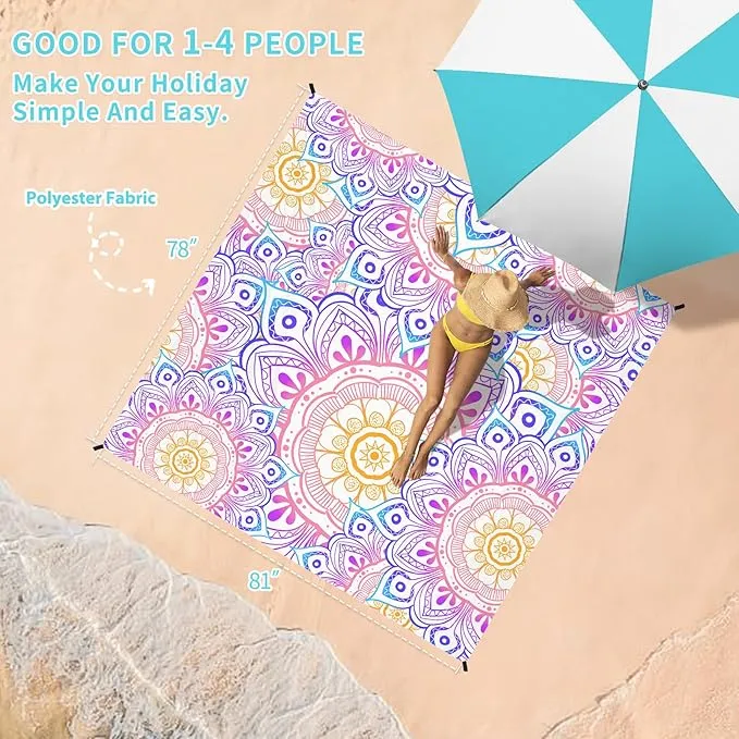 BYDOLL Beach Blanket 78''×81'' 1-4 Adults Waterproof Sandproof Oversized Lightweight Beach Blanket Large Picnic Mat Beach Blanket for Beach Travel Camping Hiking Picnic