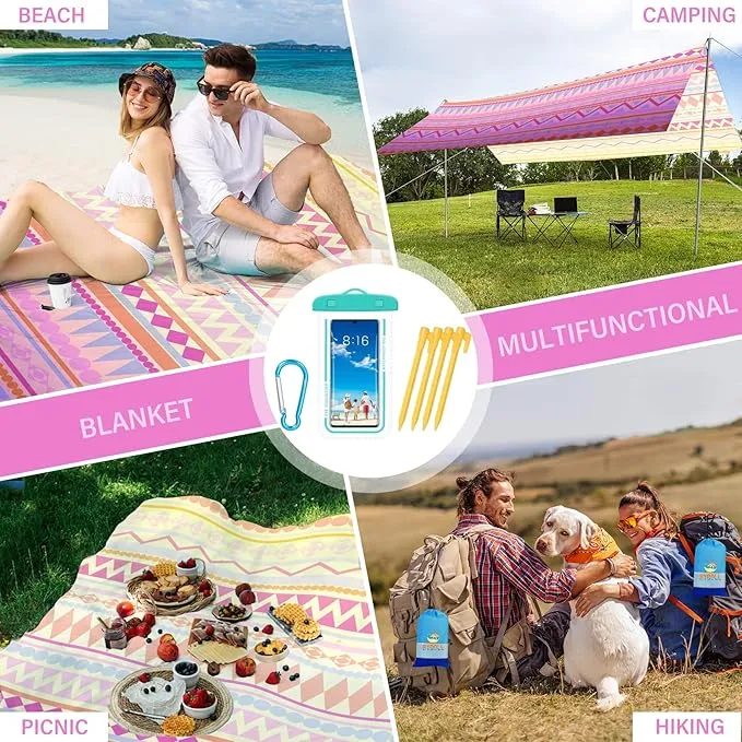 BYDOLL Beach Blanket Sandproof Waterproof 78''×81''1-4 Adults Boho Compact Lightweight Oversized Beach Blanket Large Picnic Mat Beach Blanket for Travel Camping Hiking Picnic