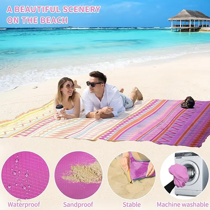 BYDOLL Beach Blanket Sandproof Waterproof 78''×81''1-4 Adults Boho Compact Lightweight Oversized Beach Blanket Large Picnic Mat Beach Blanket for Travel Camping Hiking Picnic