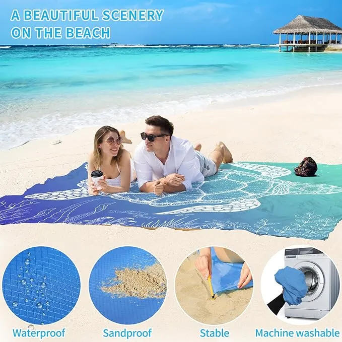 BYDOLL Beach Blanket Sea Turtle Sandproof Waterproof 78''×81'' 1-4 Adults Compact Lightweight Oversized Beach Blanket Large Picnic Mat Beach Blanket for Travel Camping