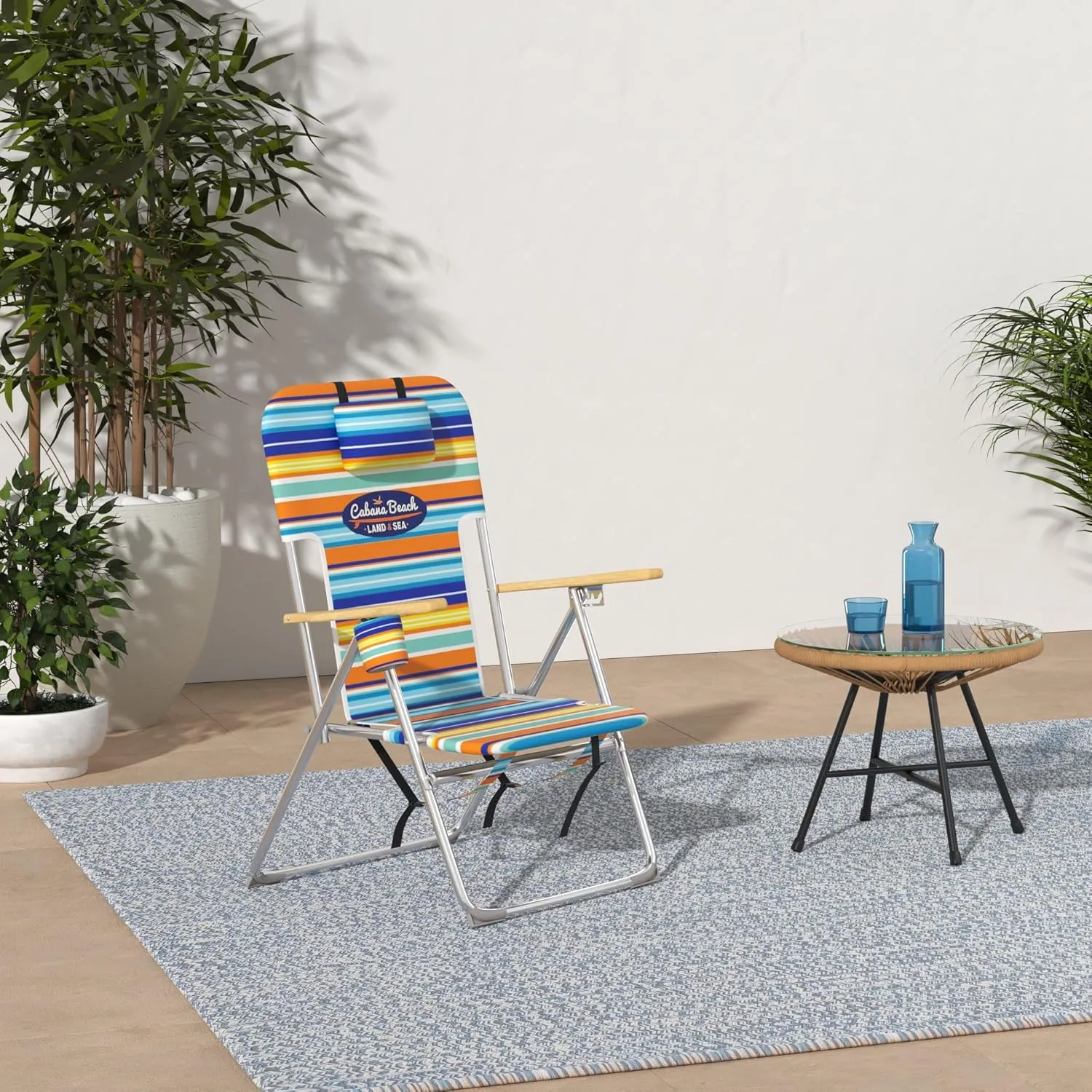 Cabana Beach Folding Beach Chair, 4 Position Portable Backpack Foldable Camping Accessories with Headrest, Cup Holder, and Wooden Armrests, Bold Candy Stripe