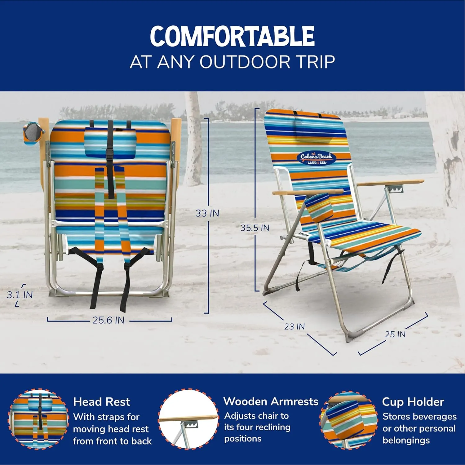 Cabana Beach Folding Beach Chair, 4 Position Portable Backpack Foldable Camping Accessories with Headrest, Cup Holder, and Wooden Armrests, Bold Candy Stripe