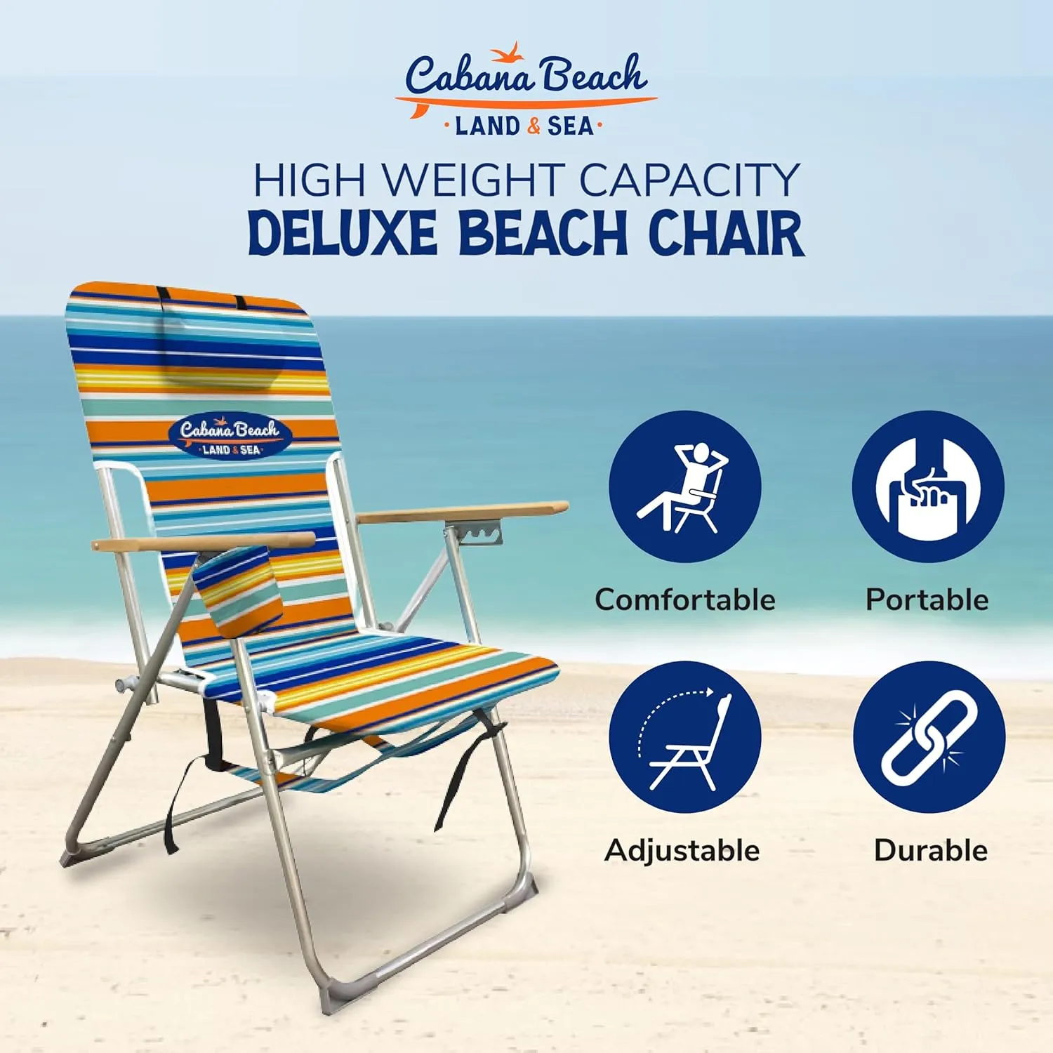 Cabana Beach Folding Beach Chair, 4 Position Portable Backpack Foldable Camping Accessories with Headrest, Cup Holder, and Wooden Armrests, Bold Candy Stripe
