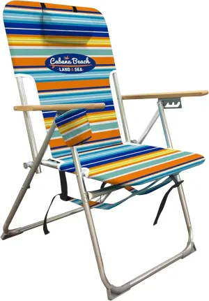 Cabana Beach Folding Beach Chair, 4 Position Portable Backpack Foldable Camping Accessories with Headrest, Cup Holder, and Wooden Armrests, Bold Candy Stripe
