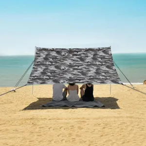 Camouflage Black Shark Beach Canopy Tent Anti-UV & Wind Resistant, Camping Sun Shelter Easy Setup Portable,Outdoor Shade Tents with Sandbags,Sand Shovels,Ground Pegs & Stability Poles