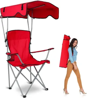 Camp Chair with Shade Canopy, Heavy Duty Folding Camping Lawn Chair with Cup Holder, UPF 50  Sun Protection Portable Beach Lounge Chair for Outdoor Sports Support 330 LBS (Red)