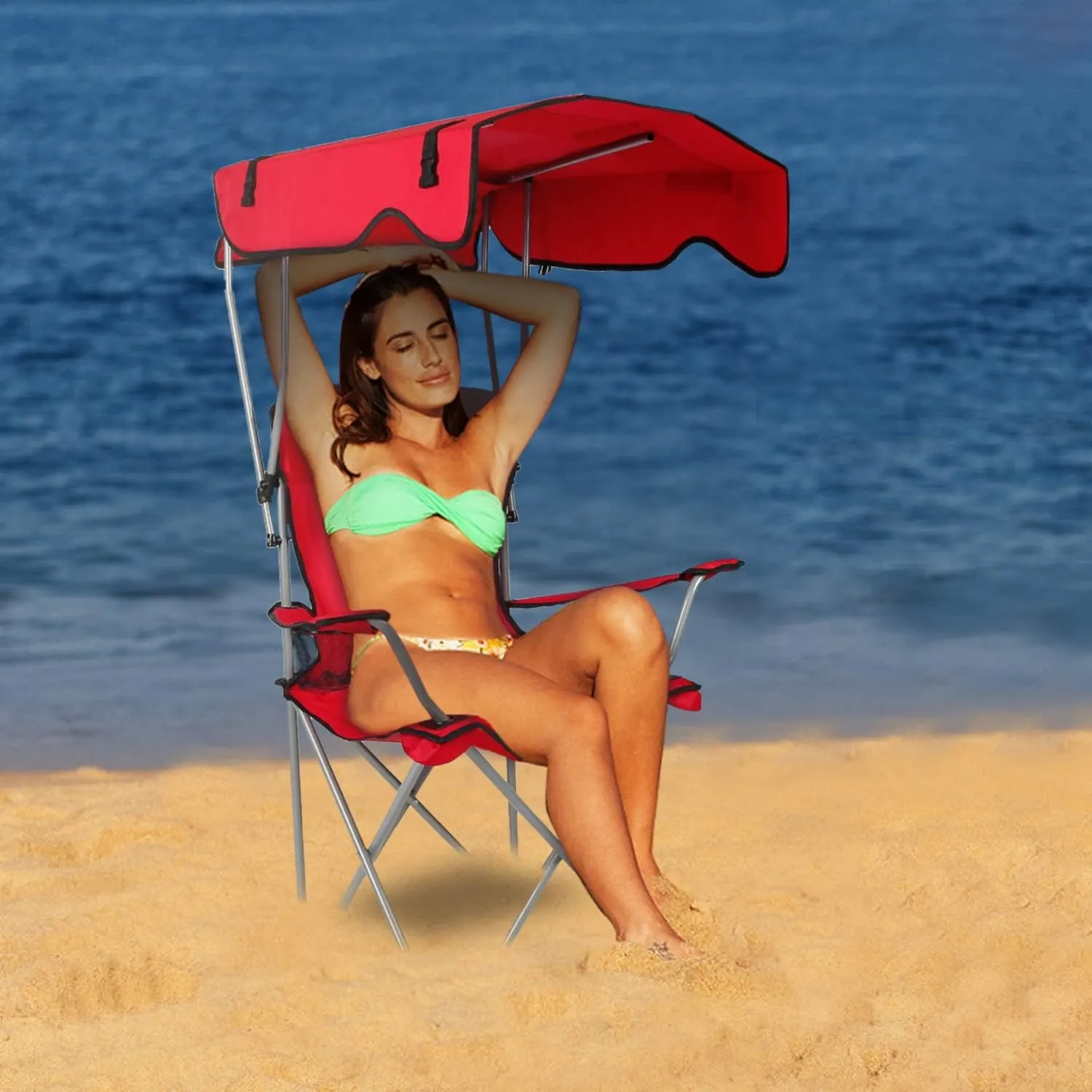 Camp Chair with Shade Canopy, Heavy Duty Folding Camping Lawn Chair with Cup Holder, UPF 50  Sun Protection Portable Beach Lounge Chair for Outdoor Sports Support 330 LBS (Red)