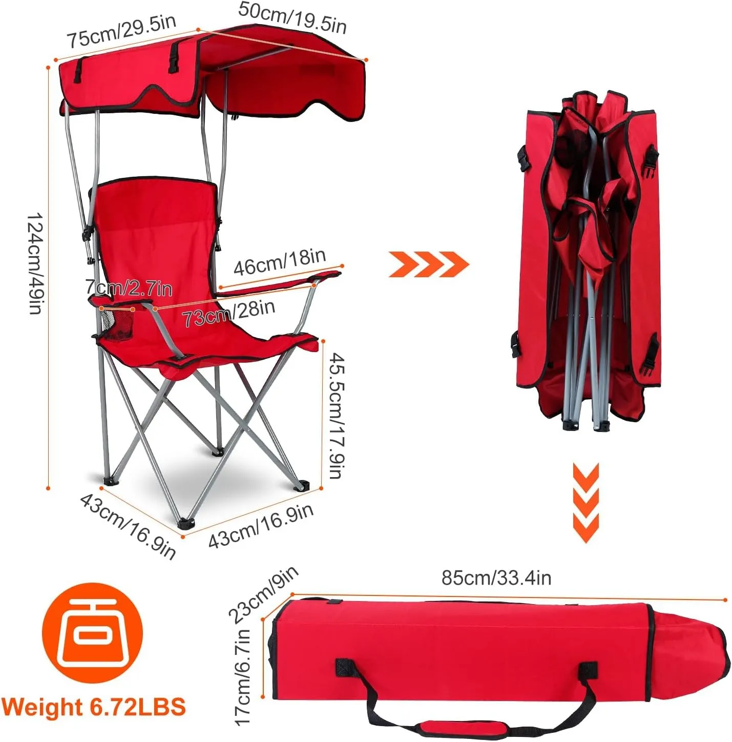 Camp Chair with Shade Canopy, Heavy Duty Folding Camping Lawn Chair with Cup Holder, UPF 50  Sun Protection Portable Beach Lounge Chair for Outdoor Sports Support 330 LBS (Red)