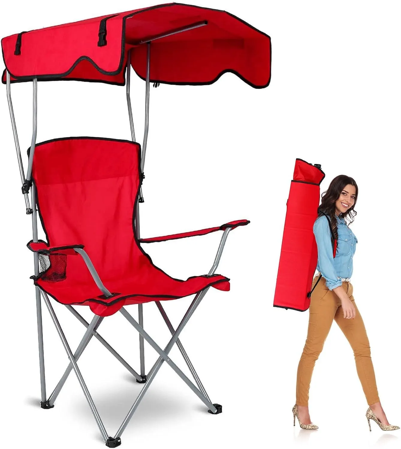 Camp Chair with Shade Canopy, Heavy Duty Folding Camping Lawn Chair with Cup Holder, UPF 50  Sun Protection Portable Beach Lounge Chair for Outdoor Sports Support 330 LBS (Red)