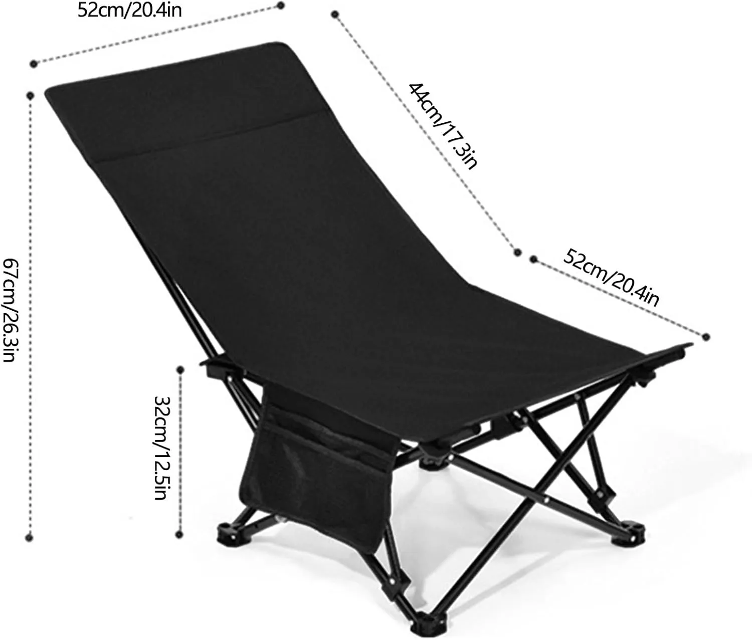 Camping Chair, Folding Beach Chair, 600D Oxford Foldable Chaise Lounge Chair with Side Pocket, Low Profile Folding Chair for Camping, Beach (Black)