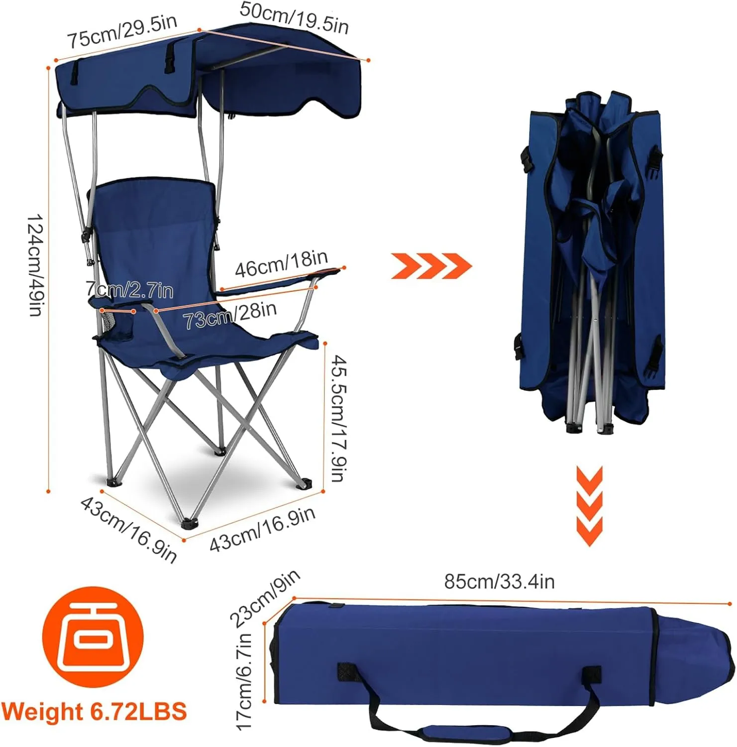 Camping Chair with Canopy, Outdoor Folding Canopy Chair with Shade & Cup Holder for Outdoor Sports, Portable Lawn Chairs for Camping Beach Tailgates Fishing, Support 330 LBS
