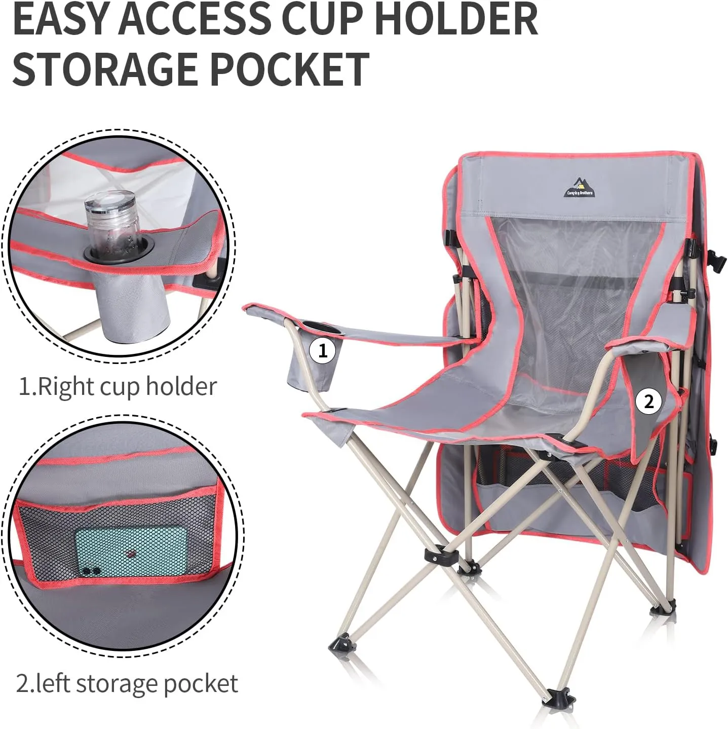 Camping Chair with Full Sun Protection Canopy - Outdoor Folding Chair with Adjustable Shade, Cup Holder, Side Pockets - Heavy Duty Beach Chair with Canopy Shade Support 330 lbs (Gray)