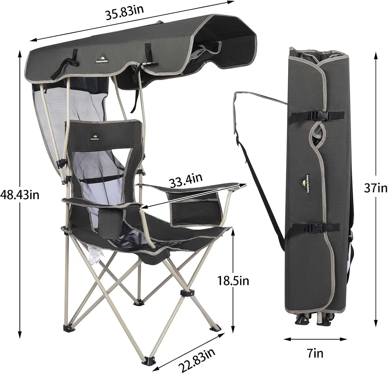 Camping Chair with Full Sun Protection Canopy - Outdoor Folding Chair with Adjustable Shade, Cup Holder, Side Pockets - Heavy Duty Beach Chair with Canopy Shade Support 330 lbs (Gray)