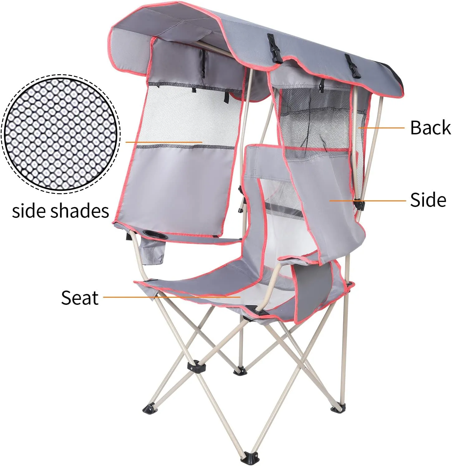 Camping Chair with Full Sun Protection Canopy - Outdoor Folding Chair with Adjustable Shade, Cup Holder, Side Pockets - Heavy Duty Beach Chair with Canopy Shade Support 330 lbs (Gray)