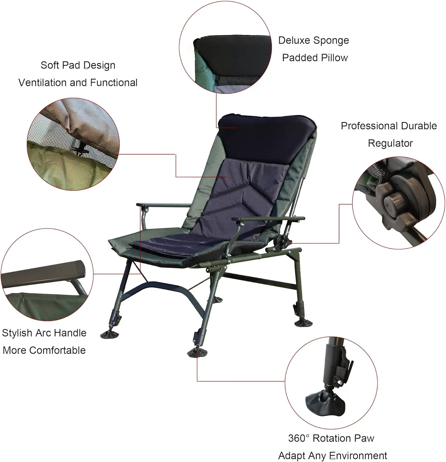 Camping Lounge Chair, Portable Folding Reclining Camping Chair with Adjustable backrest for Indoor and Outdoor Camping Beach Hiking Fishing (Black,Green)
