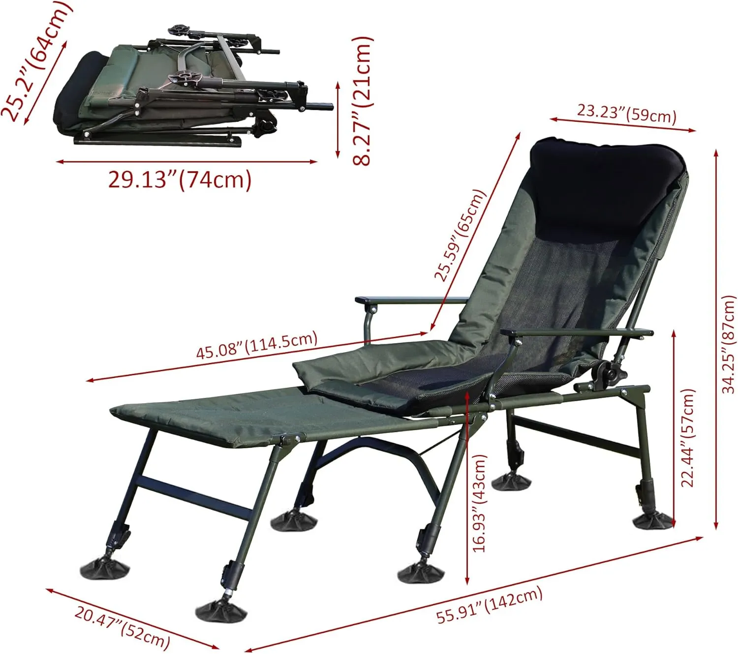 Camping Lounge Chair, Portable Folding Reclining Camping Chair with Adjustable backrest for Indoor and Outdoor Camping Beach Hiking Fishing，Green Black Oxford Fabric