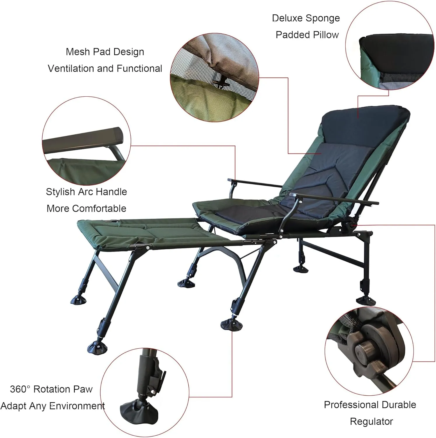 Camping Lounge Chair, Portable Folding Reclining Camping Chair with Adjustable backrest for Indoor and Outdoor Camping Beach Hiking Fishing，Green Black Oxford Fabric