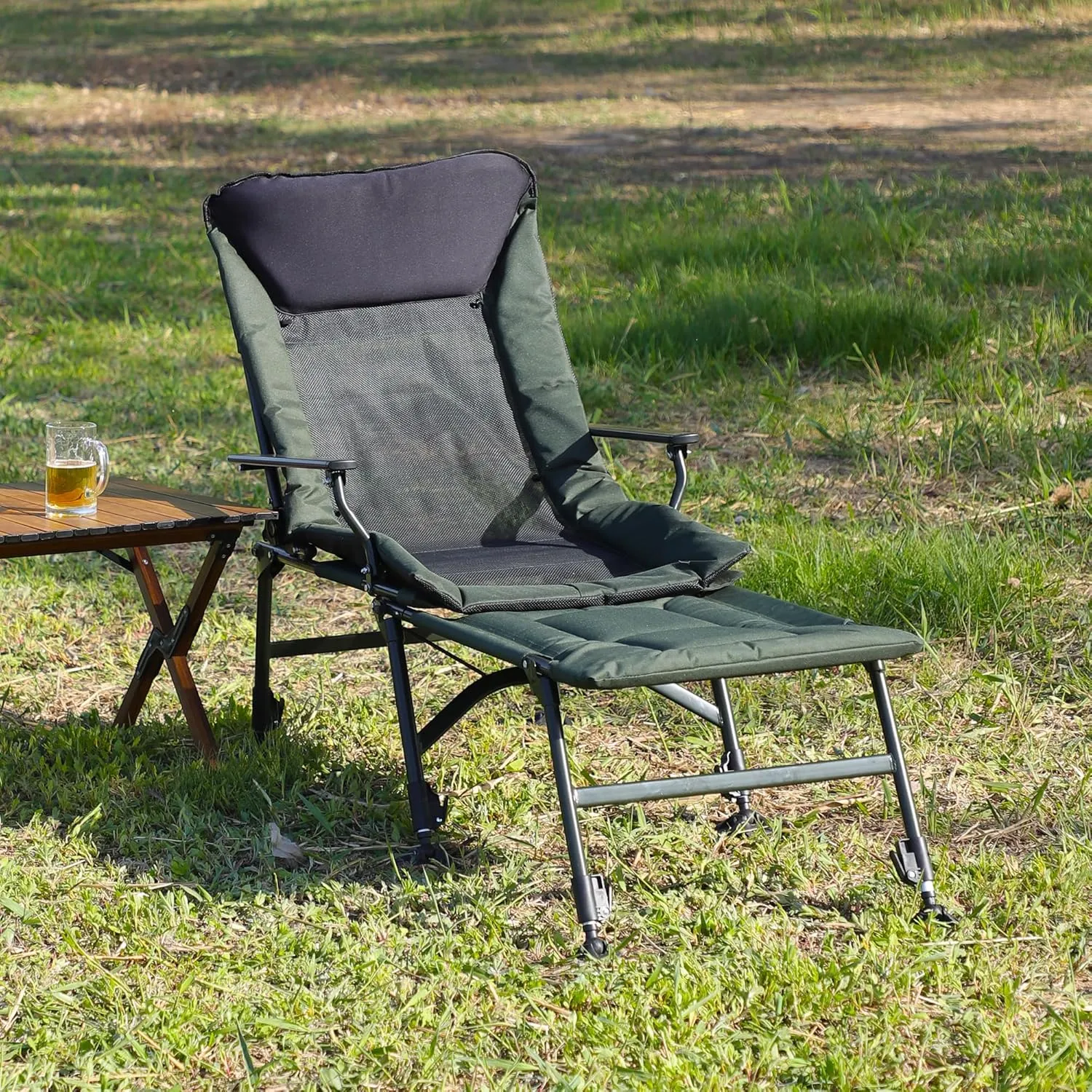 Camping Lounge Chair with Adjustable Backrest & 360° Footrest, 330LBS Heavy-Duty Portable Folding Chair for Camping, Beach, Fishing, Stainless-Steel Frame & 600D Fabric (1, L-Shape)