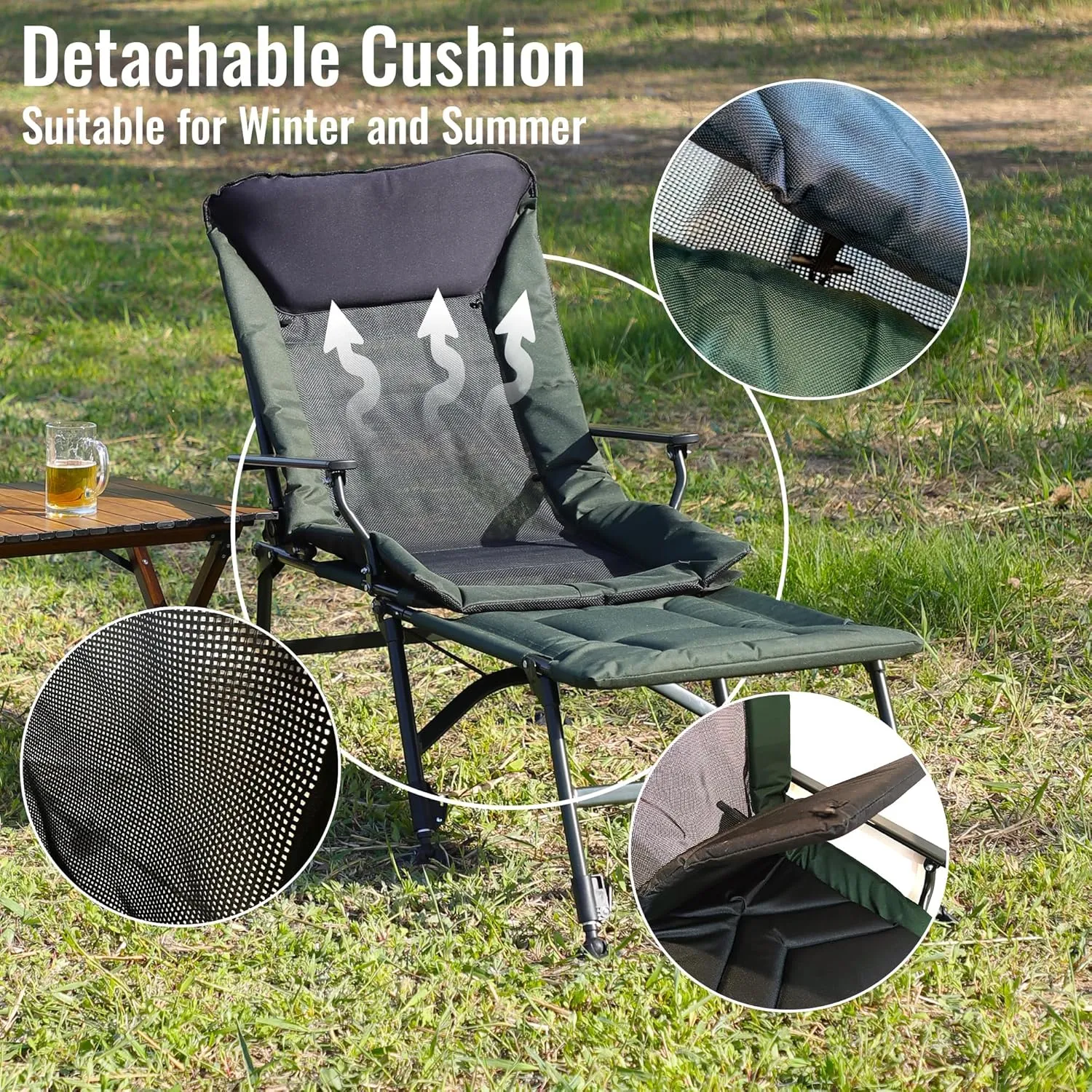 Camping Lounge Chair with Adjustable Backrest & 360° Footrest, 330LBS Heavy-Duty Portable Folding Chair for Camping, Beach, Fishing, Stainless-Steel Frame & 600D Fabric (1, L-Shape)