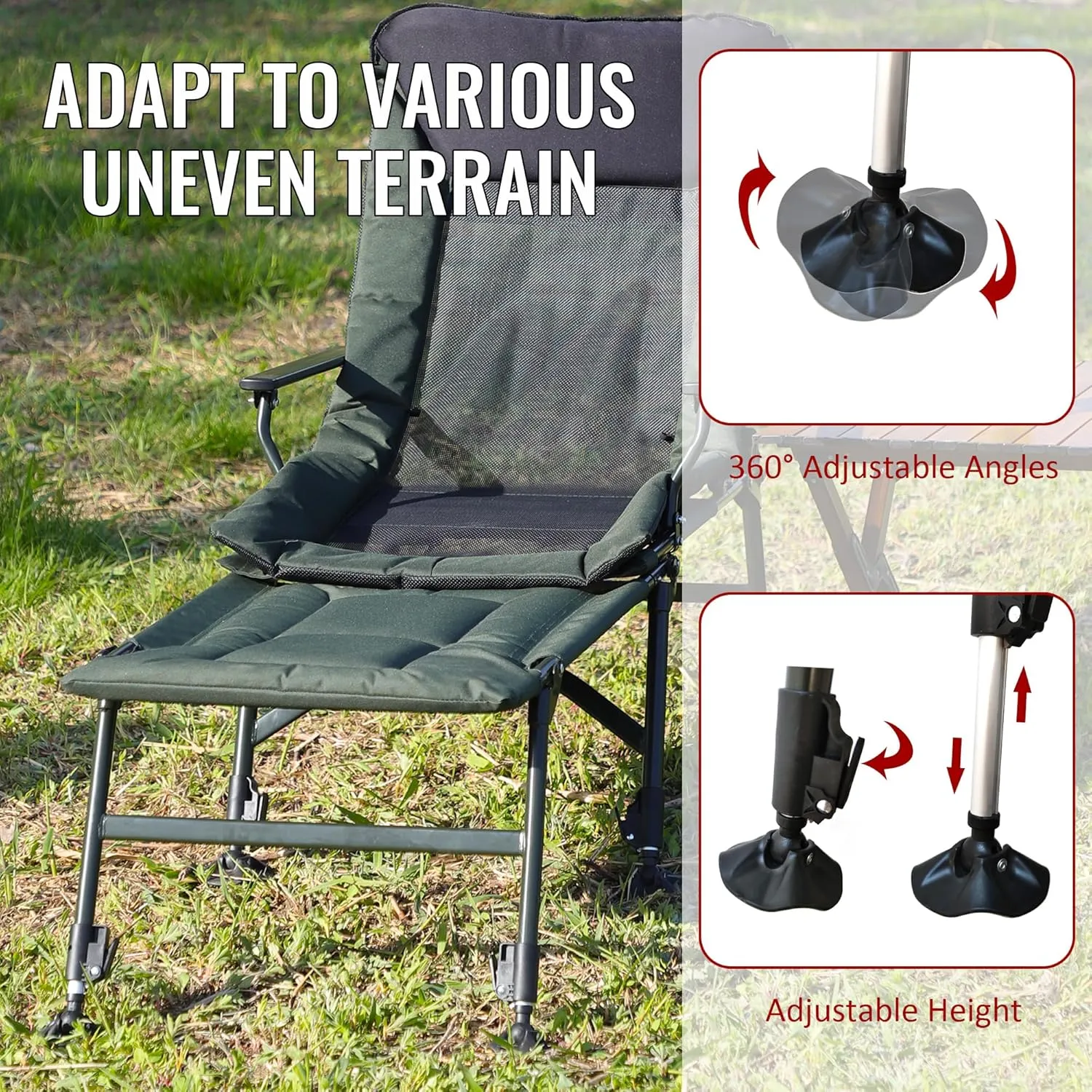 Camping Lounge Chair with Adjustable Backrest & 360° Footrest, 330LBS Heavy-Duty Portable Folding Chair for Camping, Beach, Fishing, Stainless-Steel Frame & 600D Fabric (1, L-Shape)