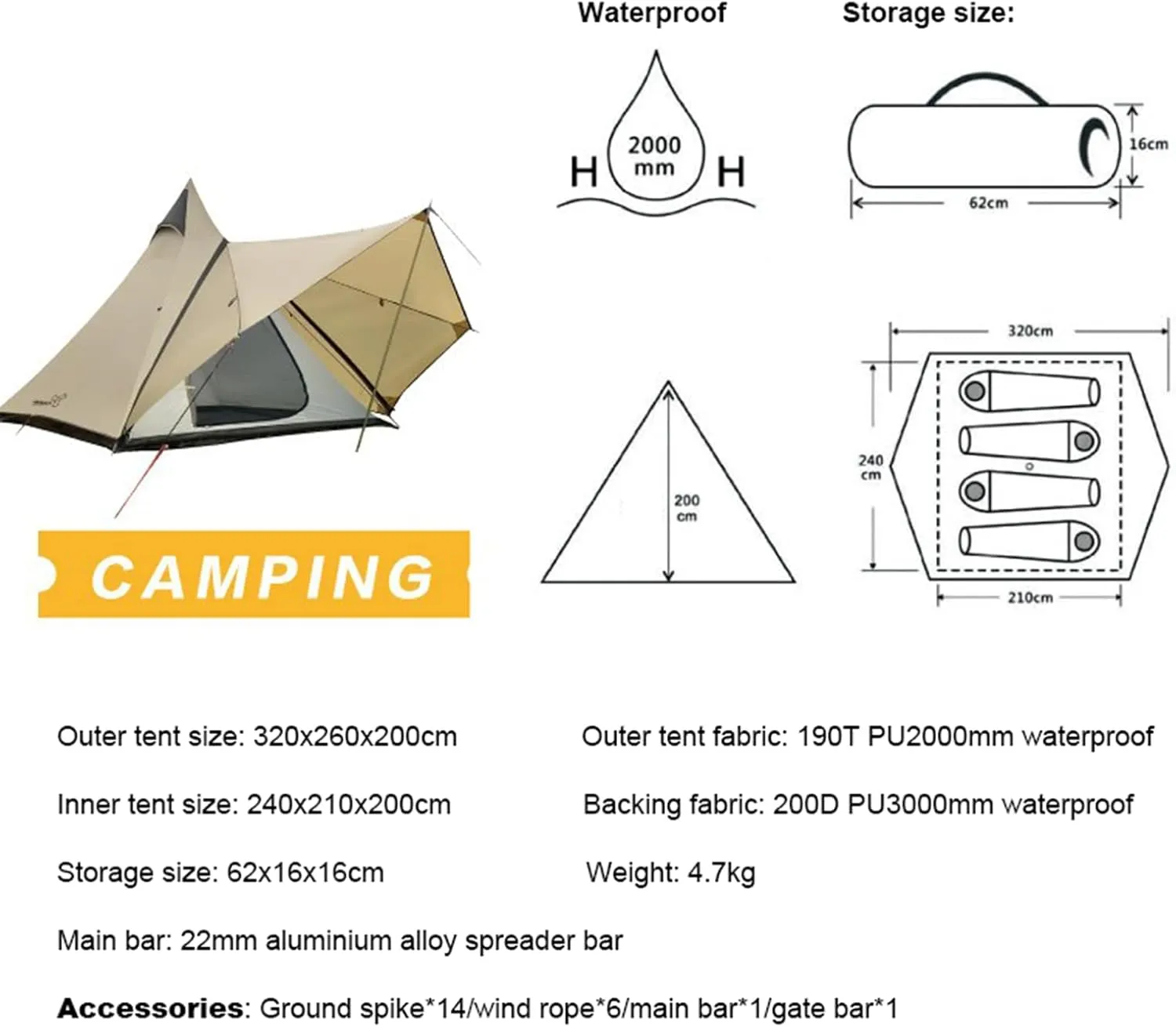 Camping Teepee Tent Yurt Tent with Screen 4 Season Double Layers Waterproof Anti-UV Windproof Tents for Outdoor Camping Hiking Hunting 3-4 Person (White 320X240X200CM)