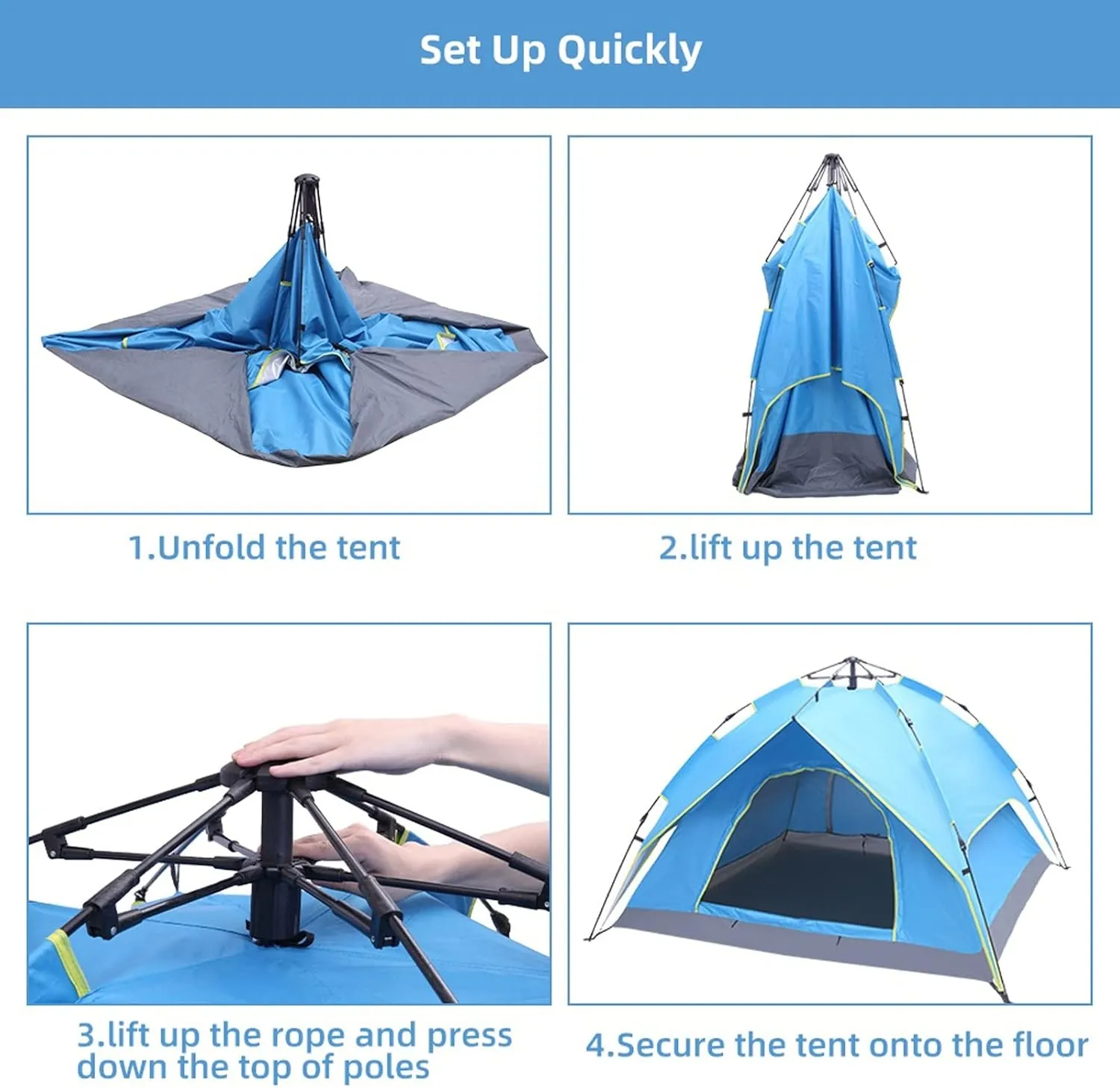 Camping Tent 3-4 Person Hydraulic Automatic Camping Tent Double Layer Instant Setup Outdoor Family Tent Portable Backpacking Tent for Hiking (Color :