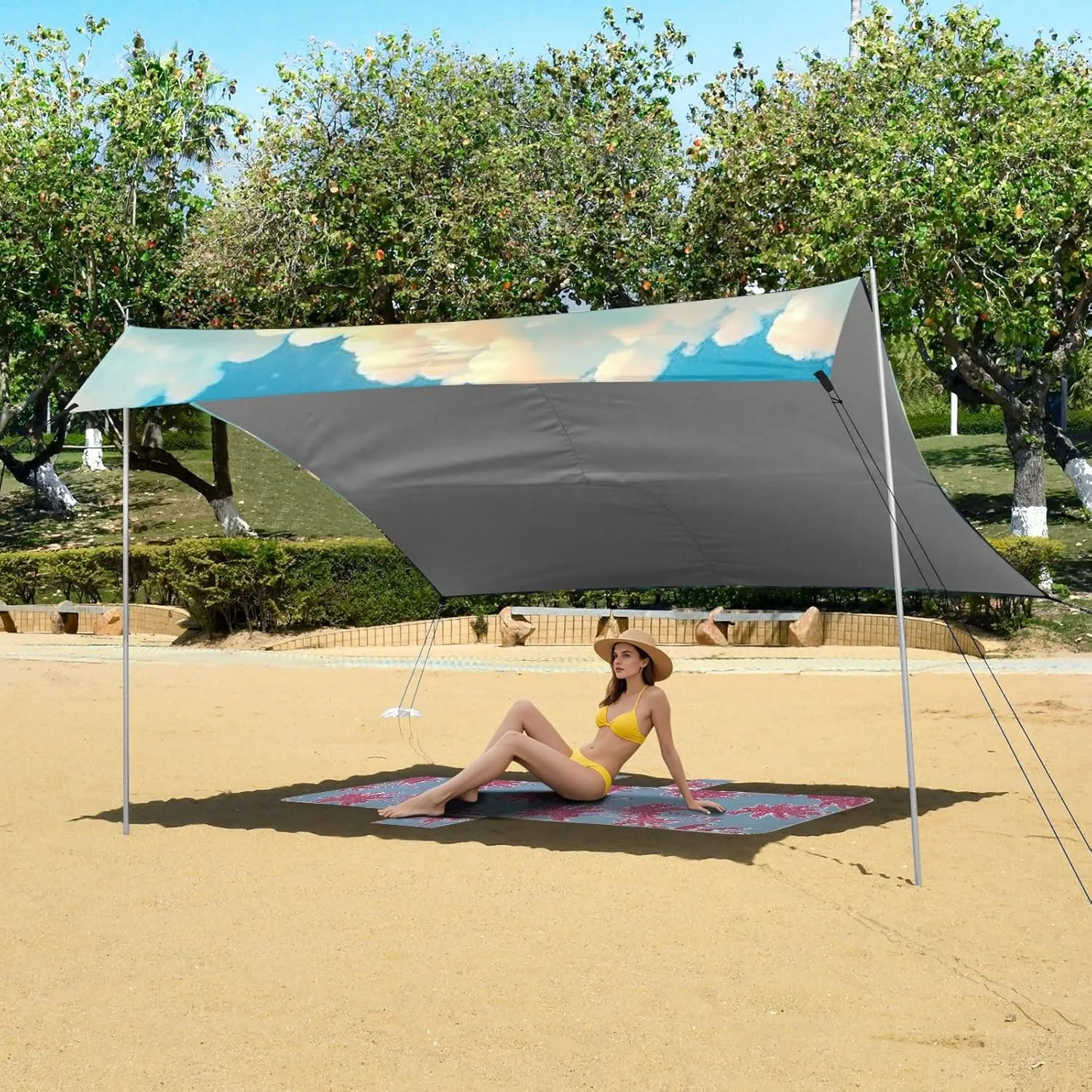 Canopy Beach Tent Elephant Forest Outdoor Patio Sun Shade 9.2 × 10.5 FT for Adults Camping Sun Shelter Canopies with Sand Anchor Poles