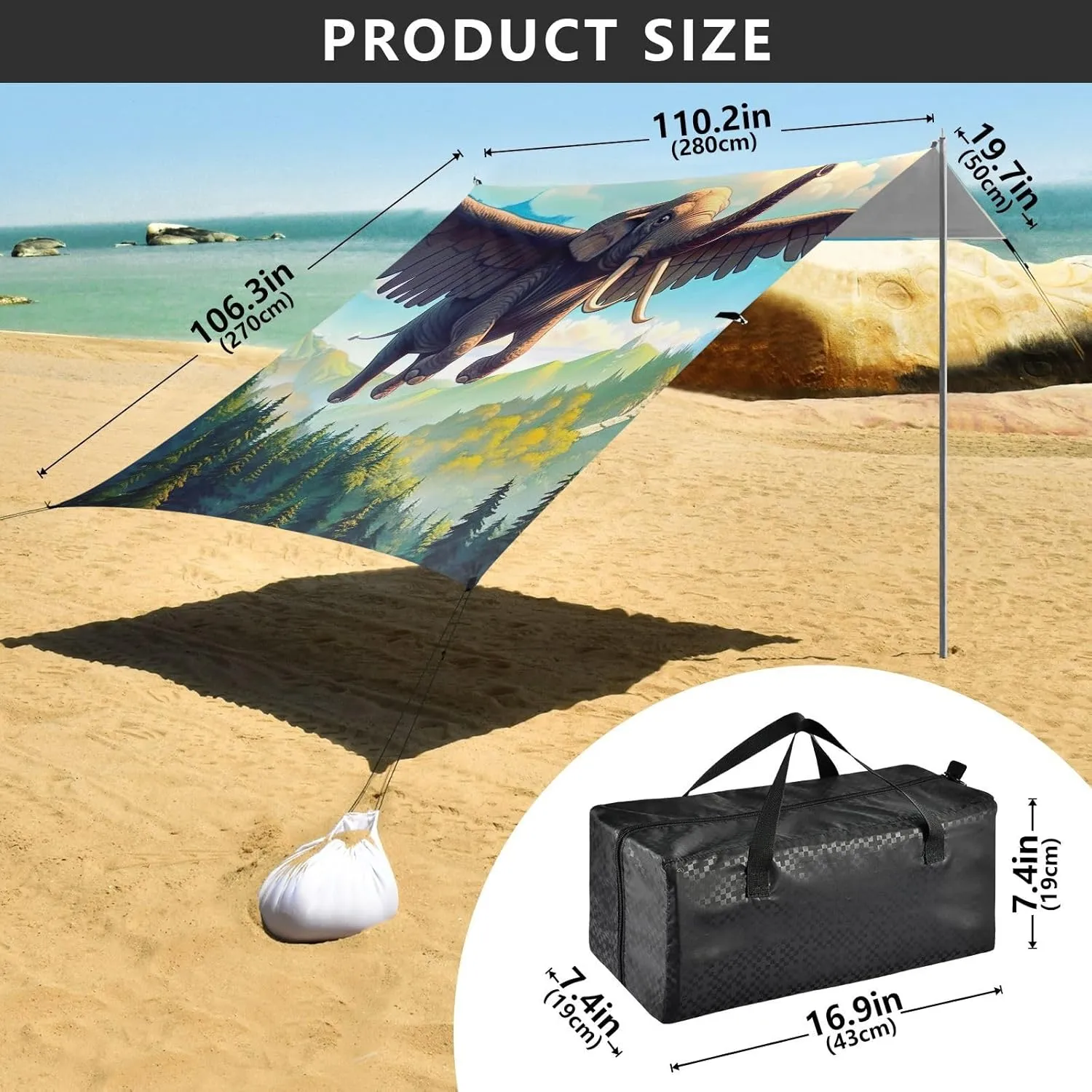 Canopy Beach Tent Elephant Forest Outdoor Patio Sun Shade 9.2 × 10.5 FT for Adults Camping Sun Shelter Canopies with Sand Anchor Poles