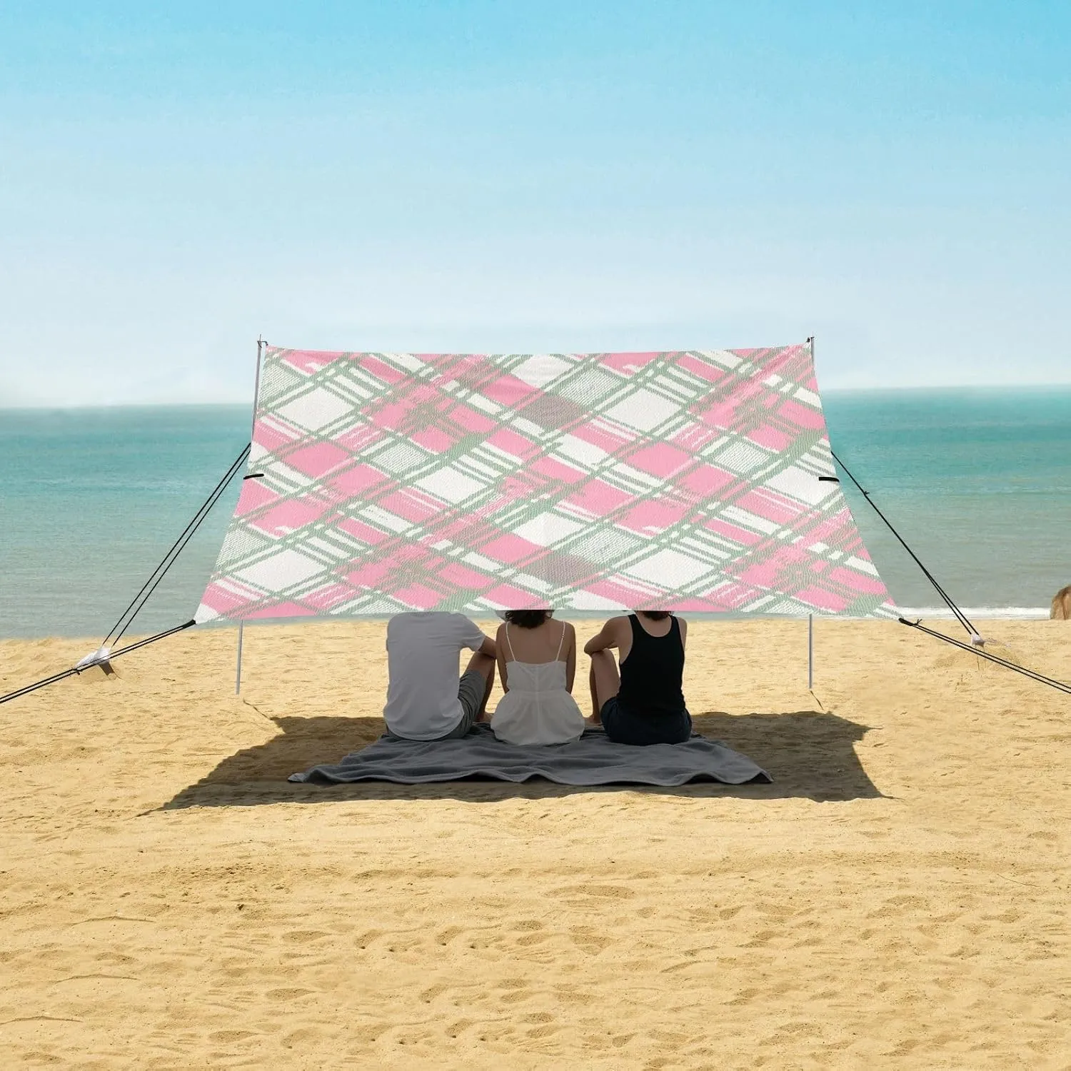 Canopy Tent Beach Outdoor Patio Sun Shade 9.2 × 10.5 FT Plaid Pink Green Color Travel Camping Sun Shelter Picnic Wind Sail Shade with Sand Anchor Poles