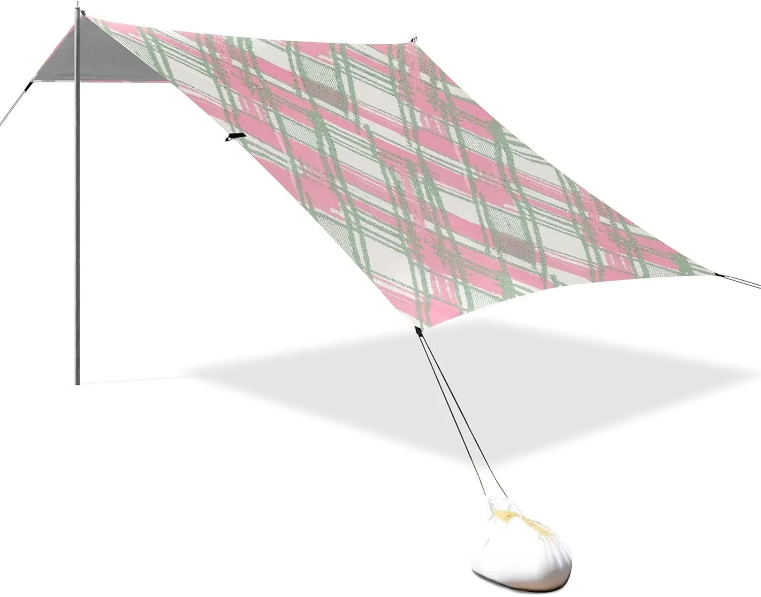 Canopy Tent Beach Outdoor Patio Sun Shade 9.2 × 10.5 FT Plaid Pink Green Color Travel Camping Sun Shelter Picnic Wind Sail Shade with Sand Anchor Poles