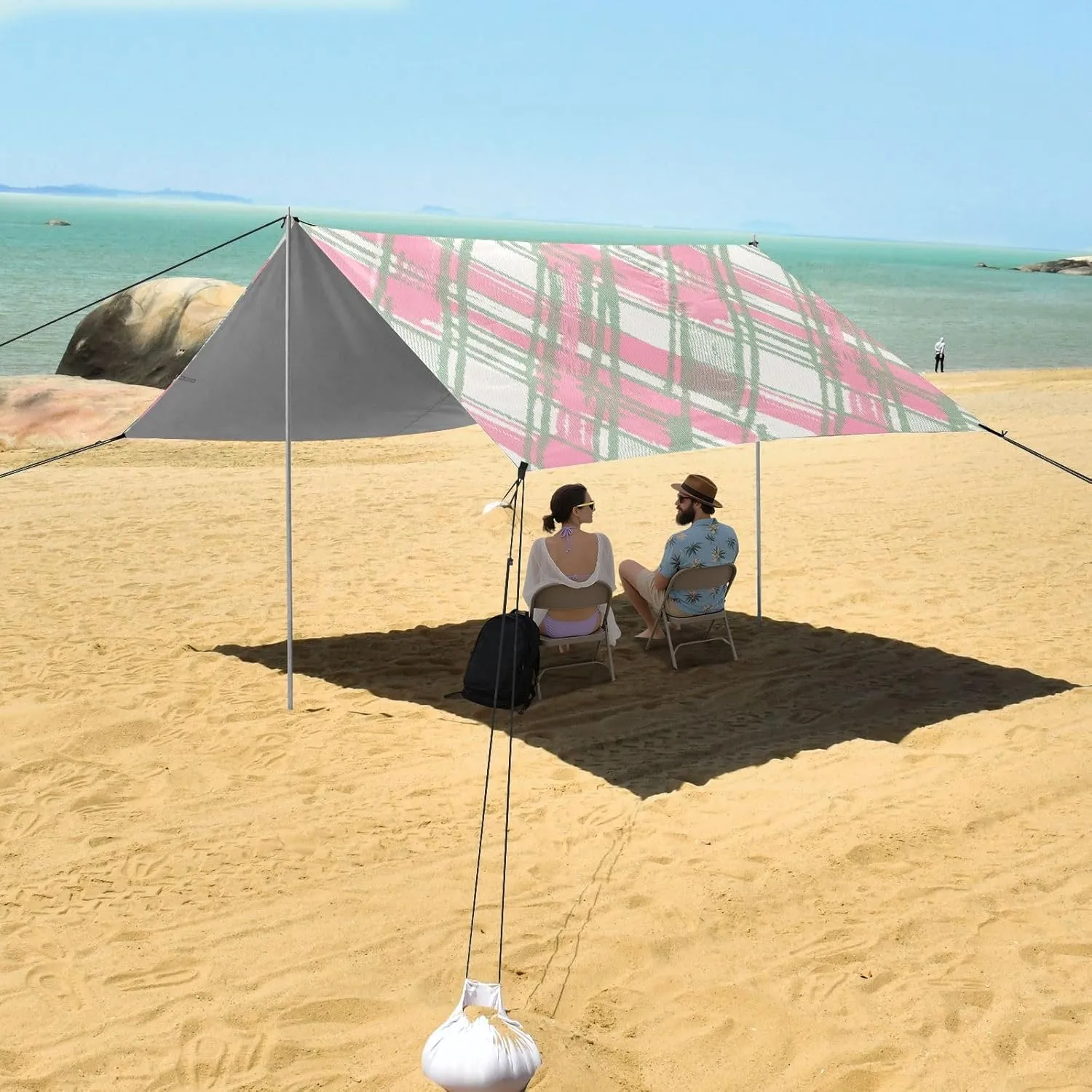 Canopy Tent Beach Outdoor Patio Sun Shade 9.2 × 10.5 FT Plaid Pink Green Color Travel Camping Sun Shelter Picnic Wind Sail Shade with Sand Anchor Poles