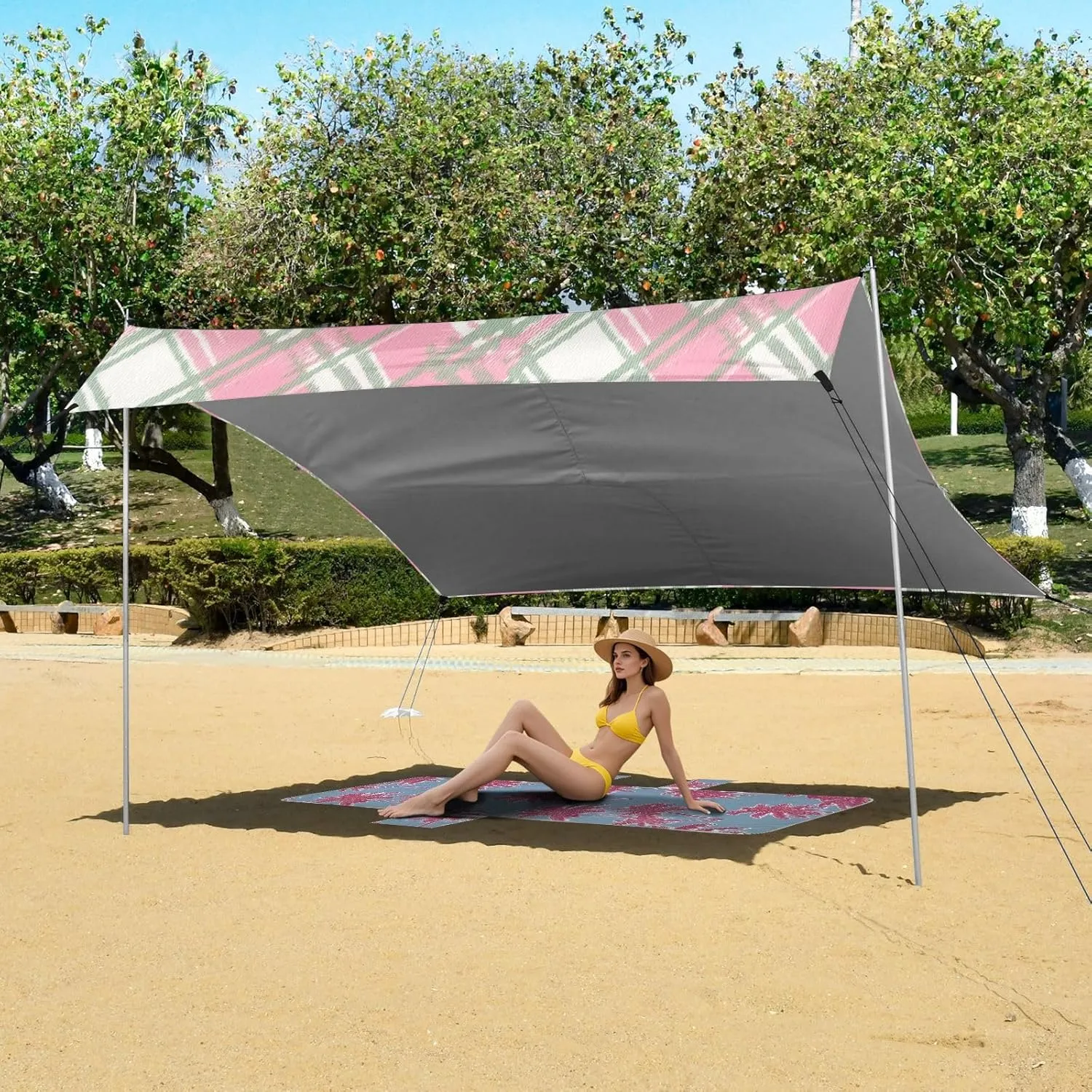 Canopy Tent Beach Outdoor Patio Sun Shade 9.2 × 10.5 FT Plaid Pink Green Color Travel Camping Sun Shelter Picnic Wind Sail Shade with Sand Anchor Poles