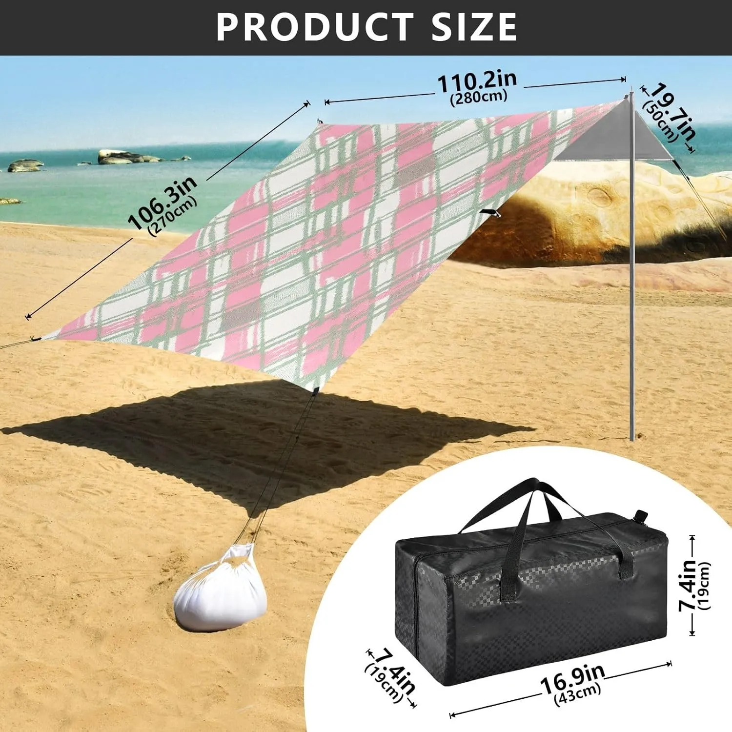 Canopy Tent Beach Outdoor Patio Sun Shade 9.2 × 10.5 FT Plaid Pink Green Color Travel Camping Sun Shelter Picnic Wind Sail Shade with Sand Anchor Poles